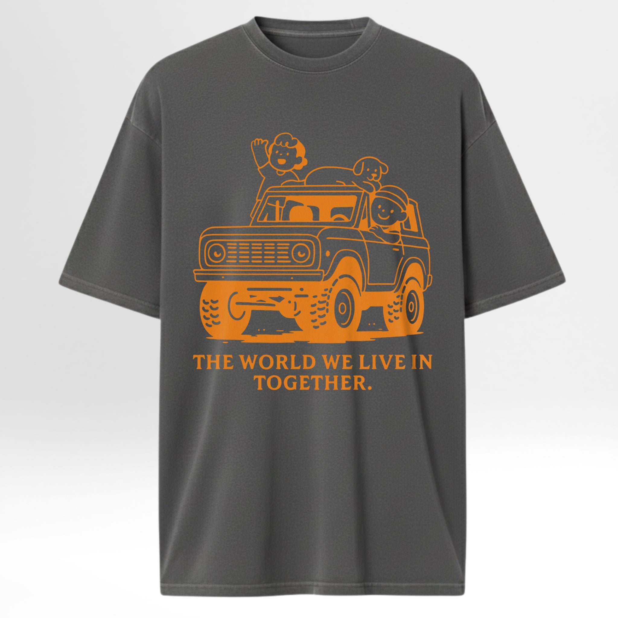 Gray trail graphic t-shirt with orange graphic and text 'The World We Live In Together' on a white background