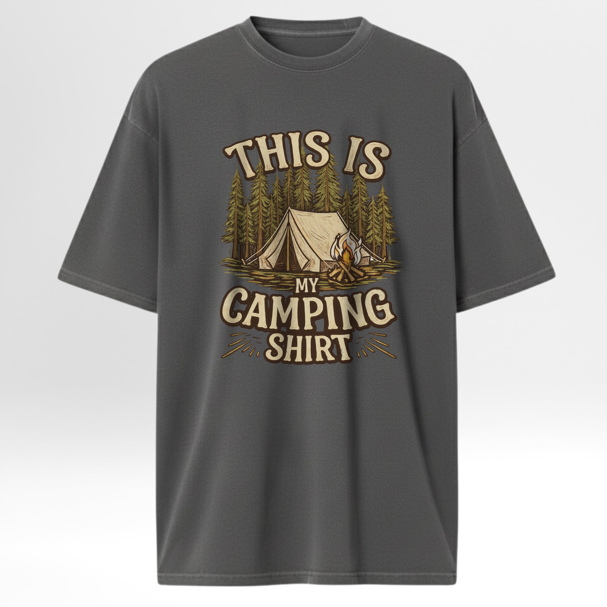 Gray t-shirt with a camping graphic and text on a gray background