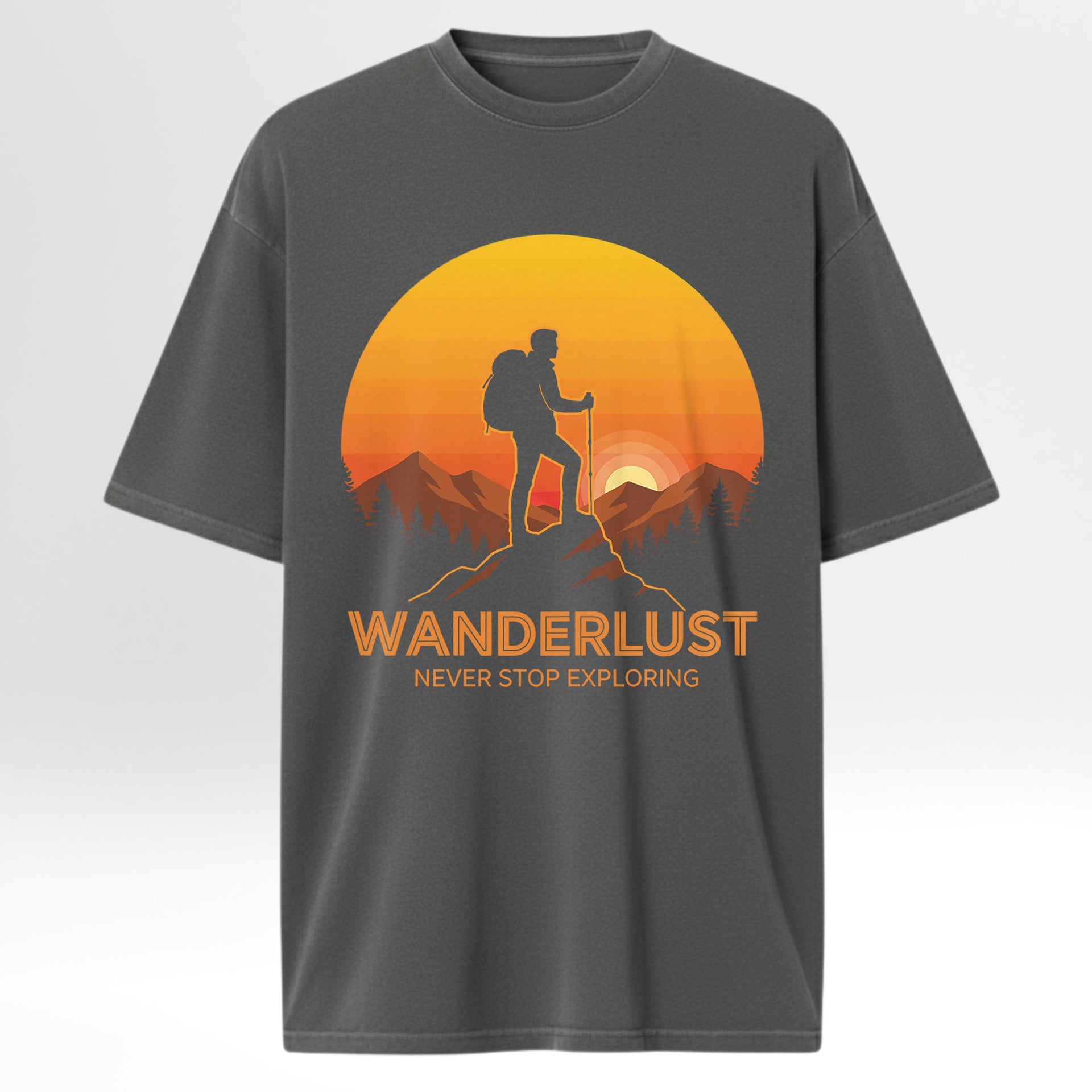Gray trail graphic t-shirt with a hiking graphic and 'Wanderlust Never Stop Exploring' text on a white background