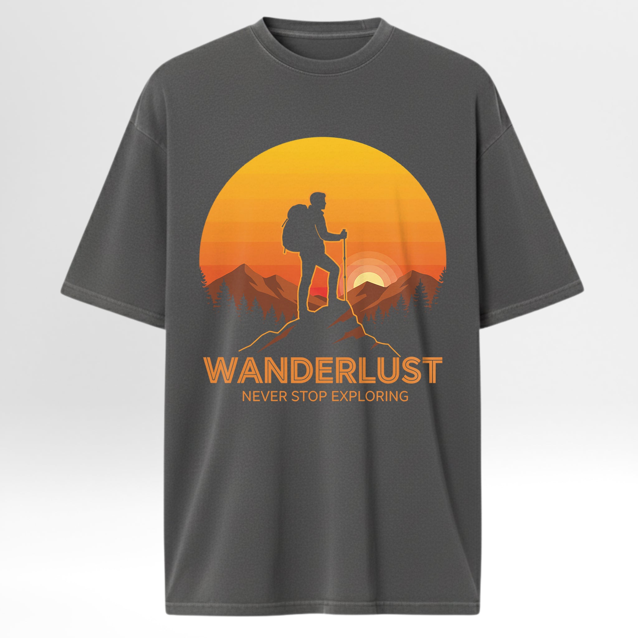 Gray trail graphic t-shirt with a hiking graphic and 'Wanderlust Never Stop Exploring' text on a white background
