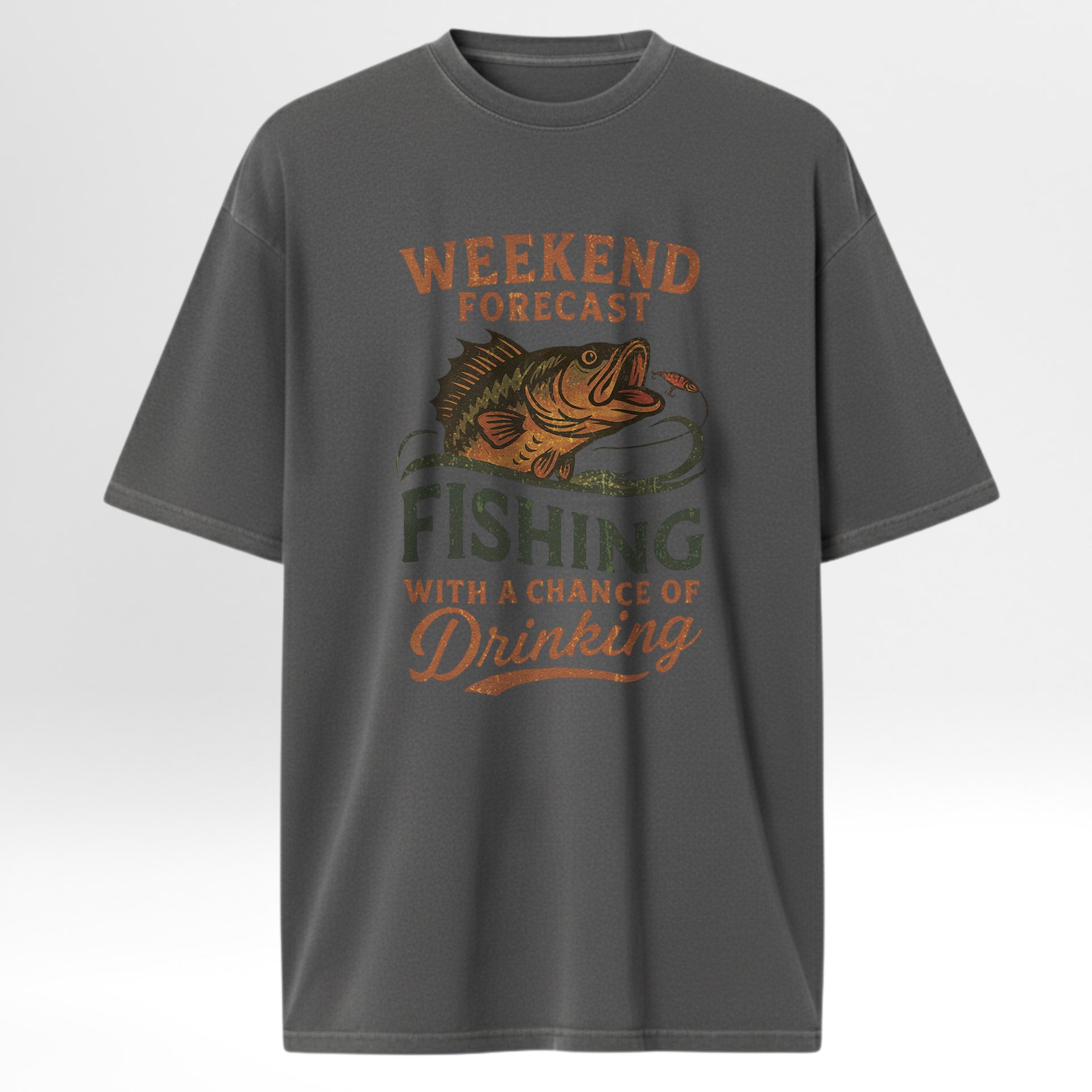 Gray fishing t-shirt with fishing graphic and text on a white background