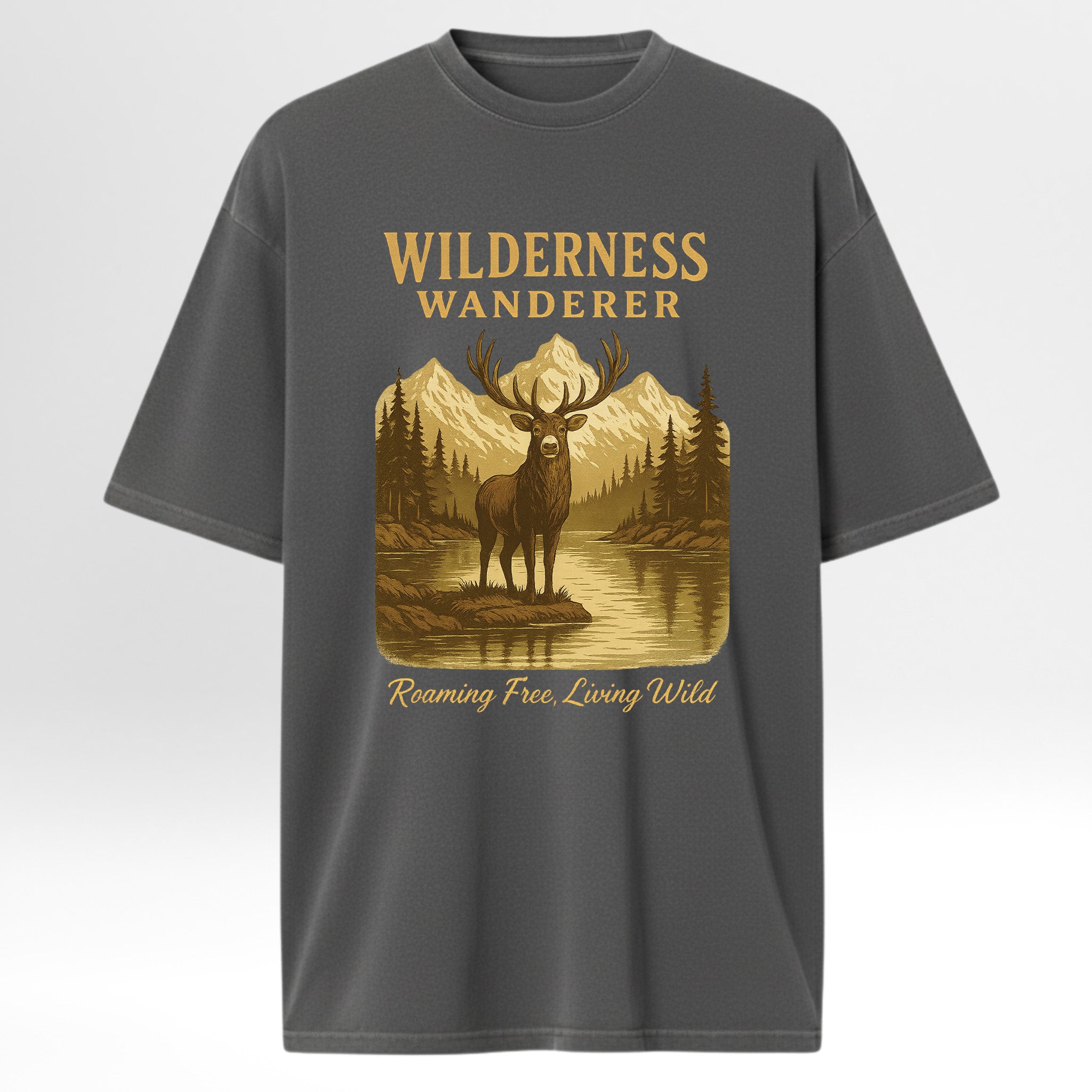 Gray hunting graphic t-shirt with a graphic of a deer and mountains, featuring the text 'Wilderness Wanderer' and 'Roaming Free, Living Wild'.