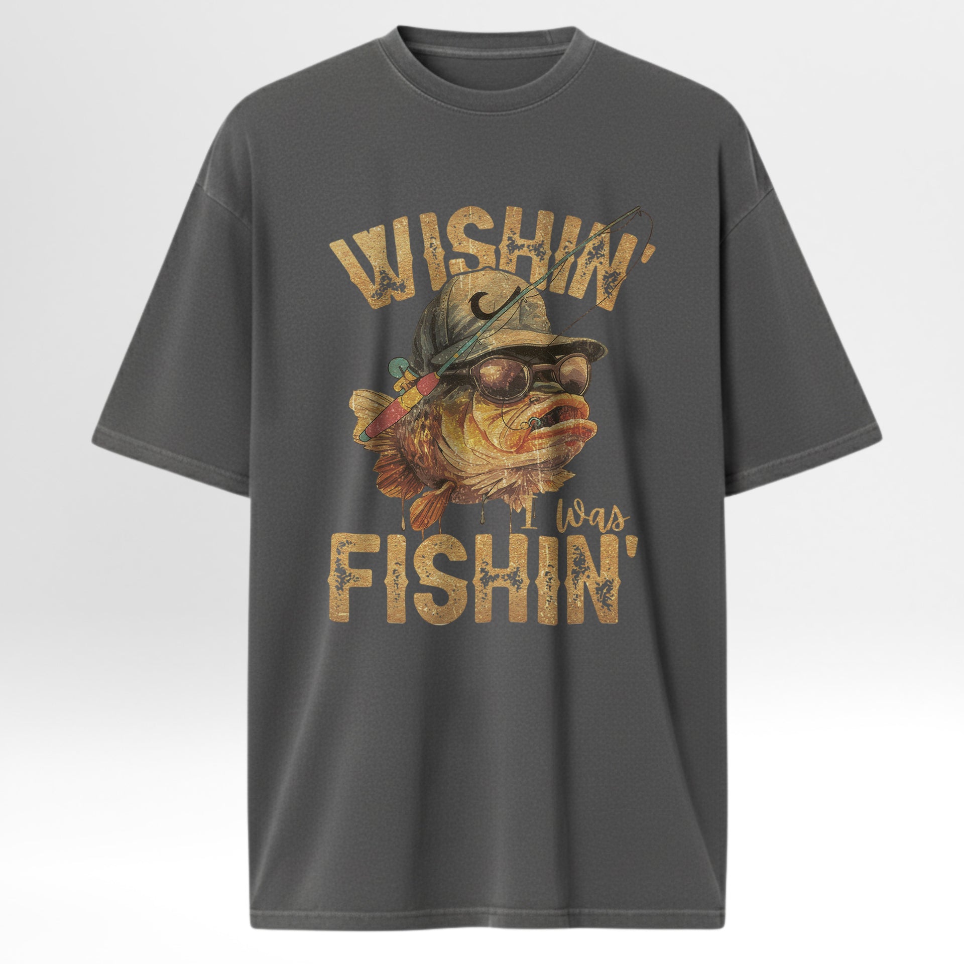 Gray t-shirt with a fish graphic and text Wishin' I Was Fishin'