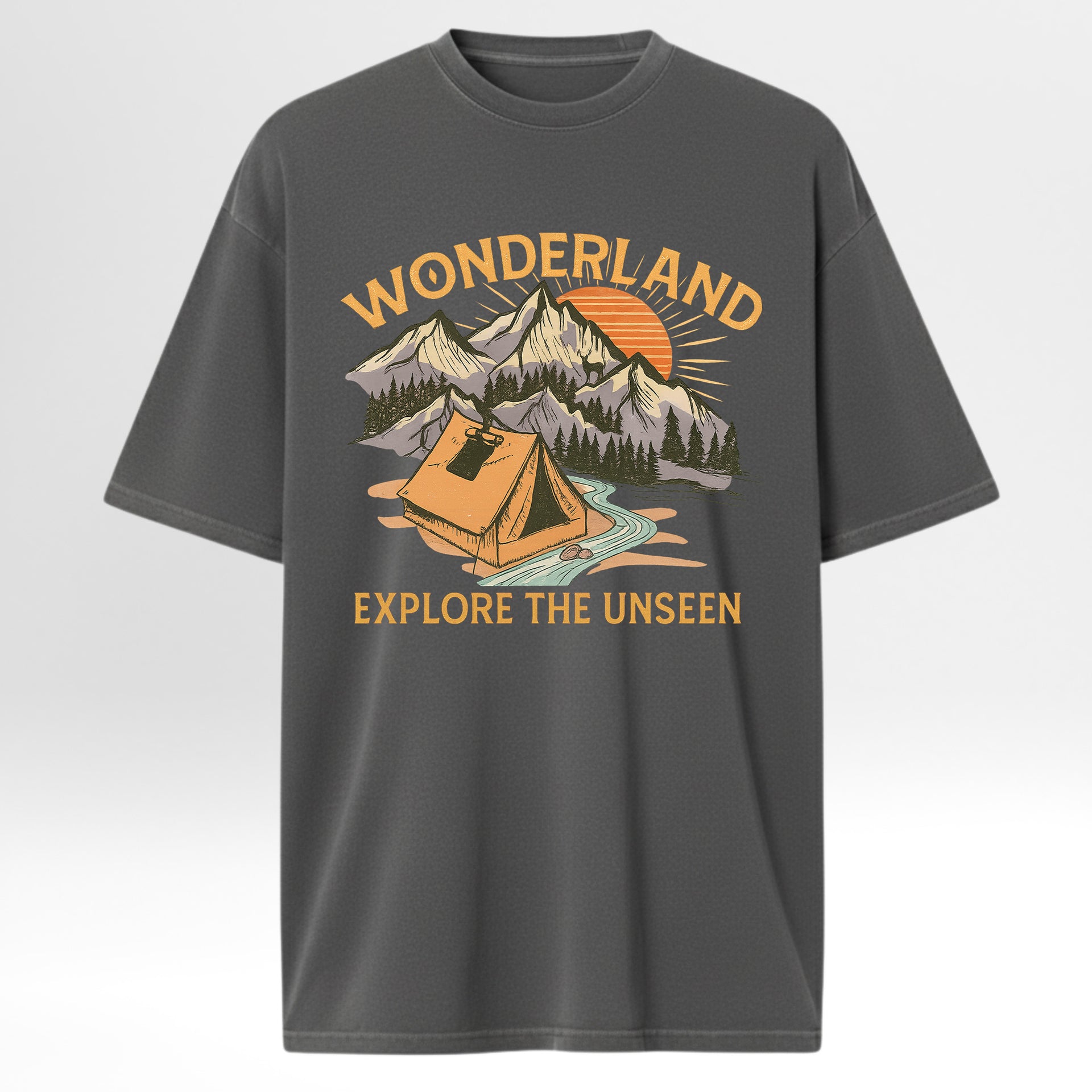 Gray trail graphic t-shirt with a graphic design of a tent, mountains, and text on a white background