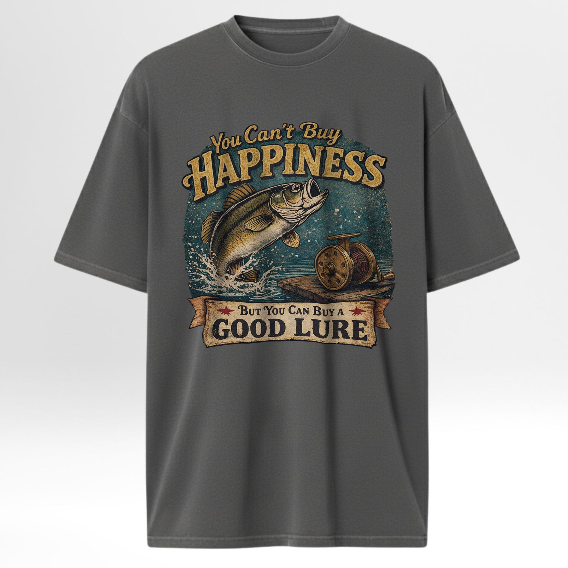 Gray fishing t-shirt with fishing graphic and text 'You Can't Buy Happiness But You Can Buy A Good Lure'.