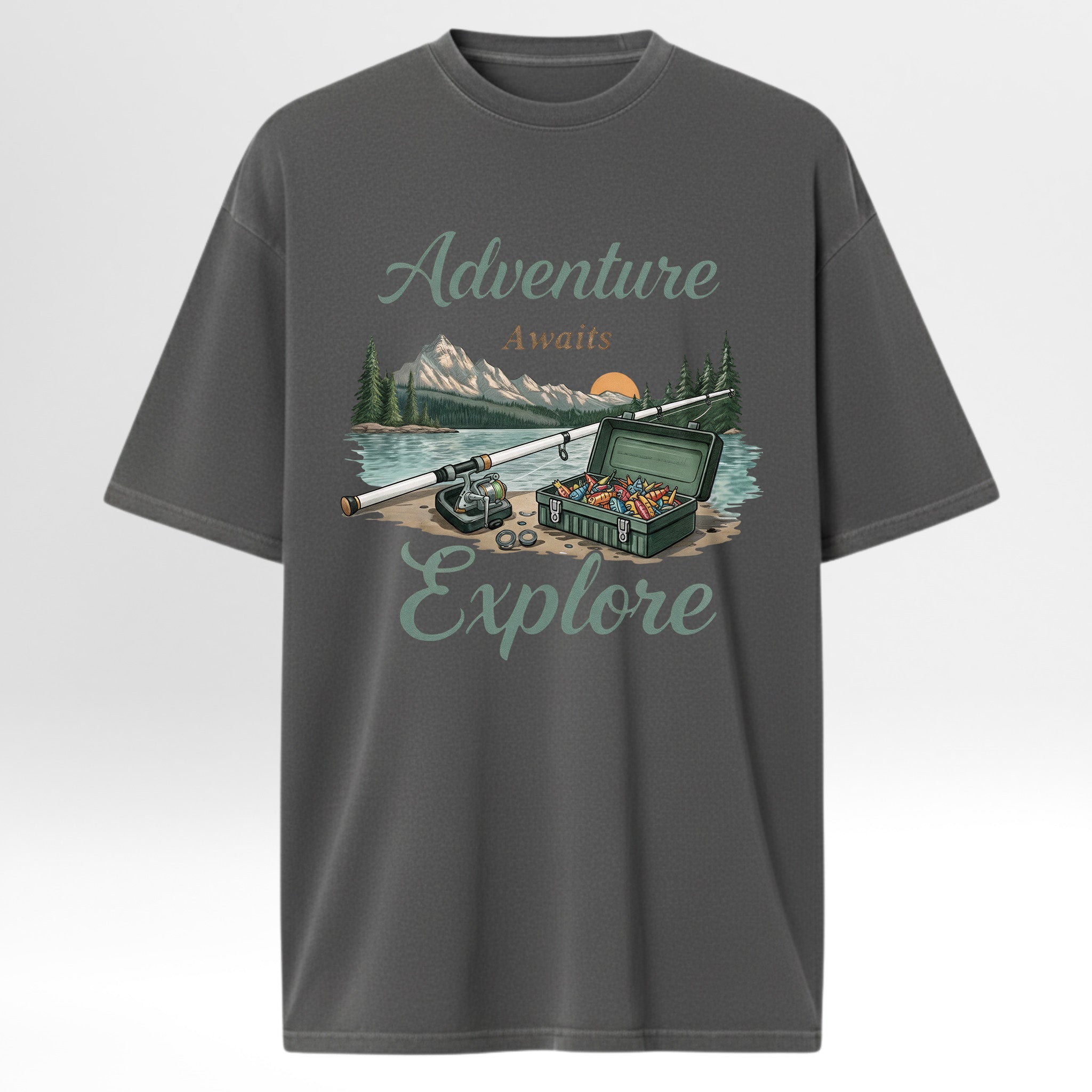 Gray fishing t-shirt with outdoor-themed graphic and 'Adventure Awaits Explore' text.