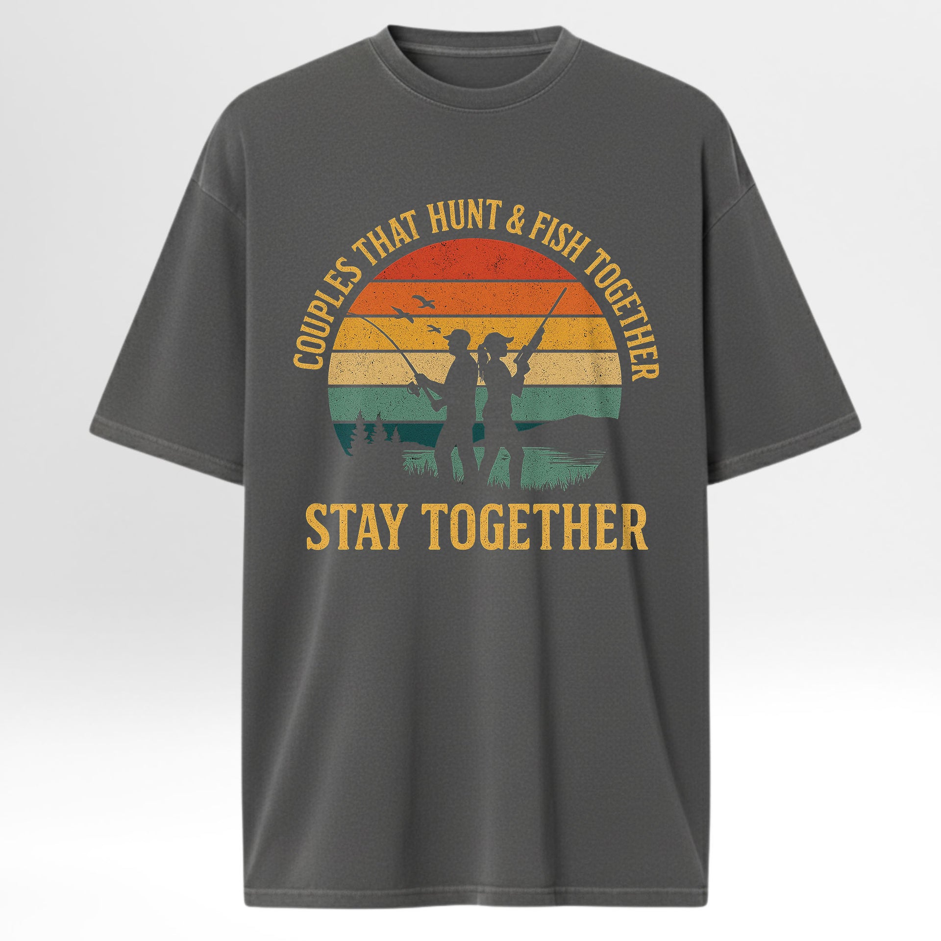 Gray fishing t-shirt with fishing graphic and text 'Couples That Hunt & Fish Together Stay Together'