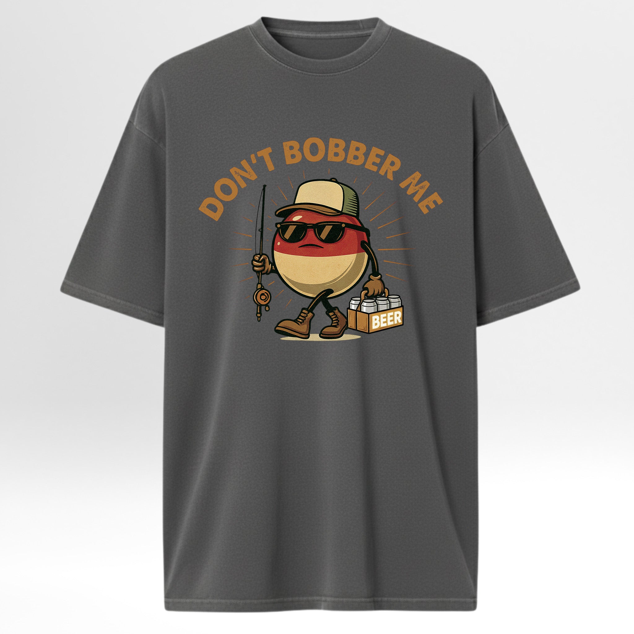 Gray fishing t-shirt with a graphic design of a potato wearing sunglasses with text 'Don't Bobber Me'