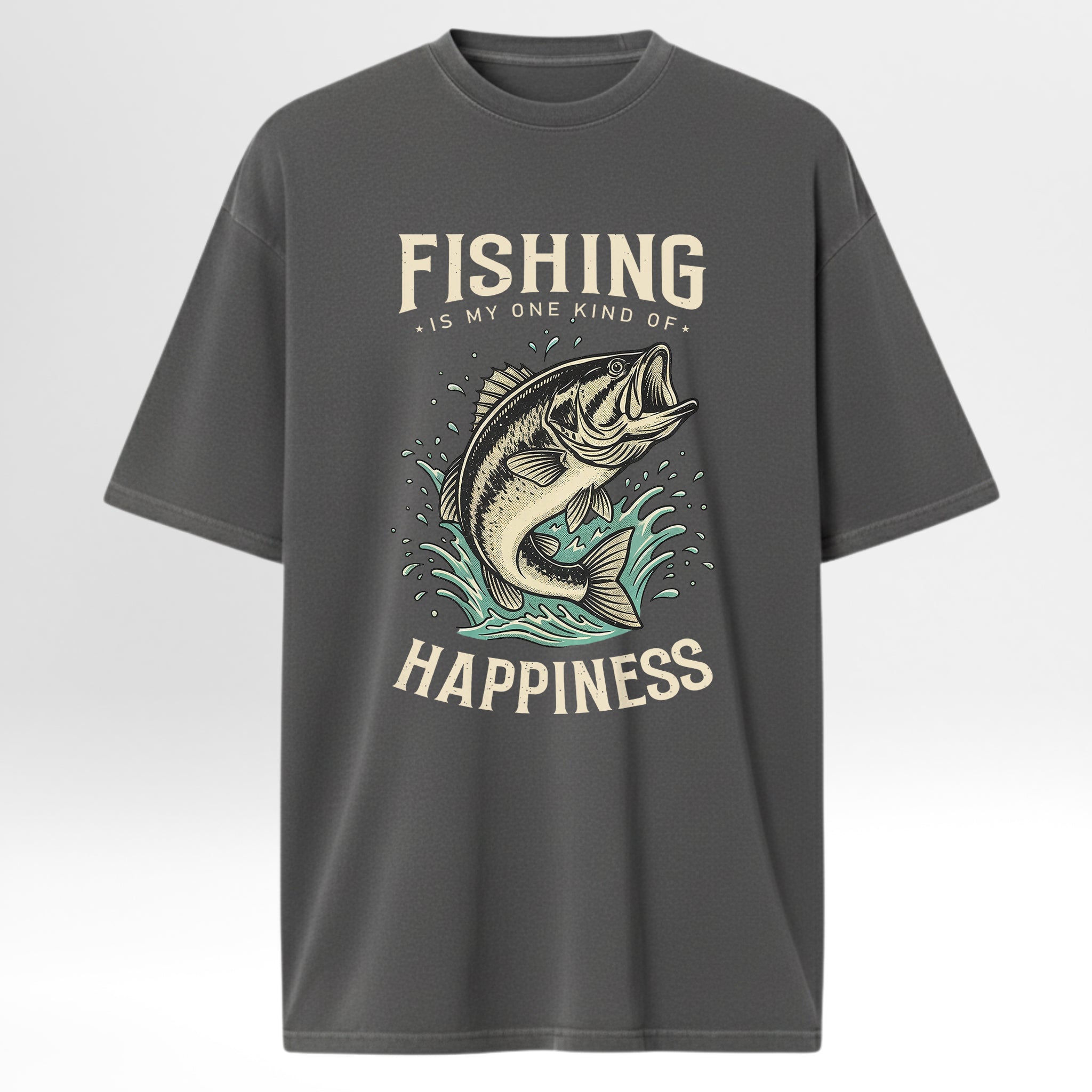 Gray fishing t-shirt with fishing graphic and text 'Fishing Is My One Kind Of Happiness'