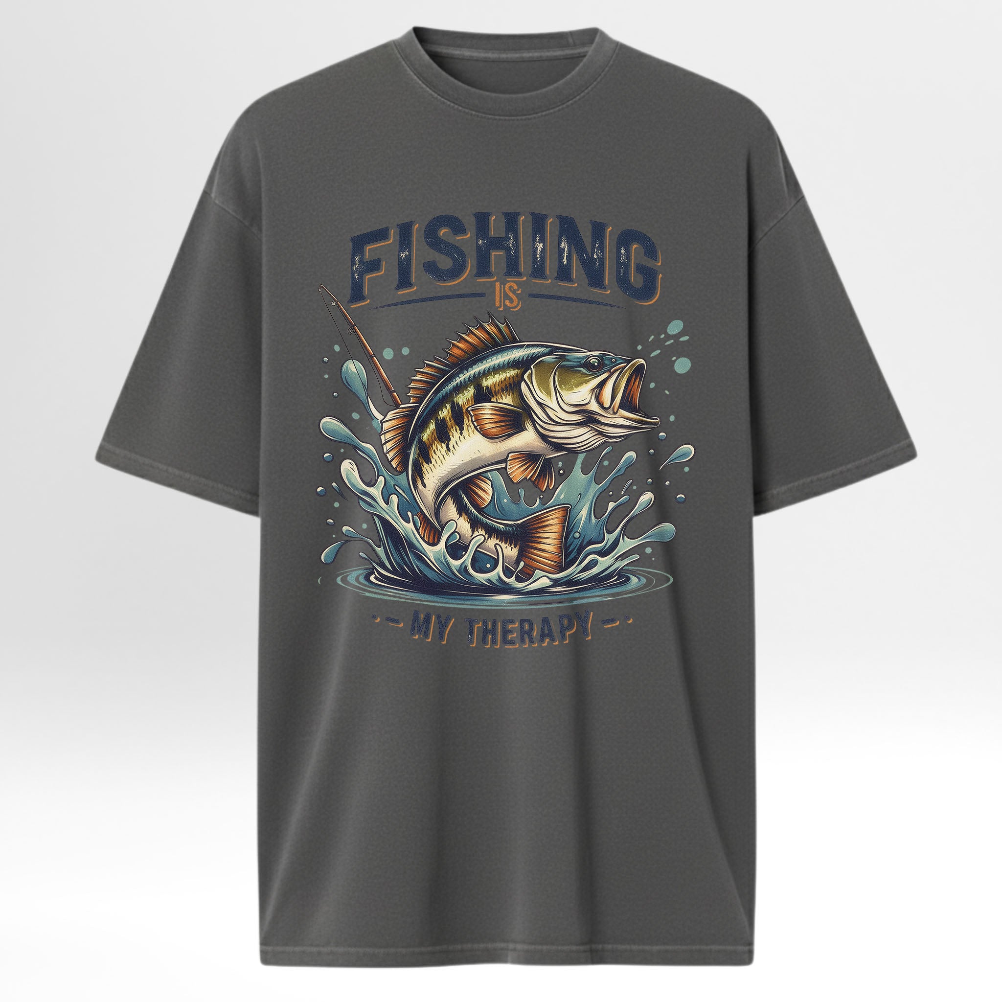 Gray fishing t-shirt with a fish graphic and text 'Fishing Is My Therapy'