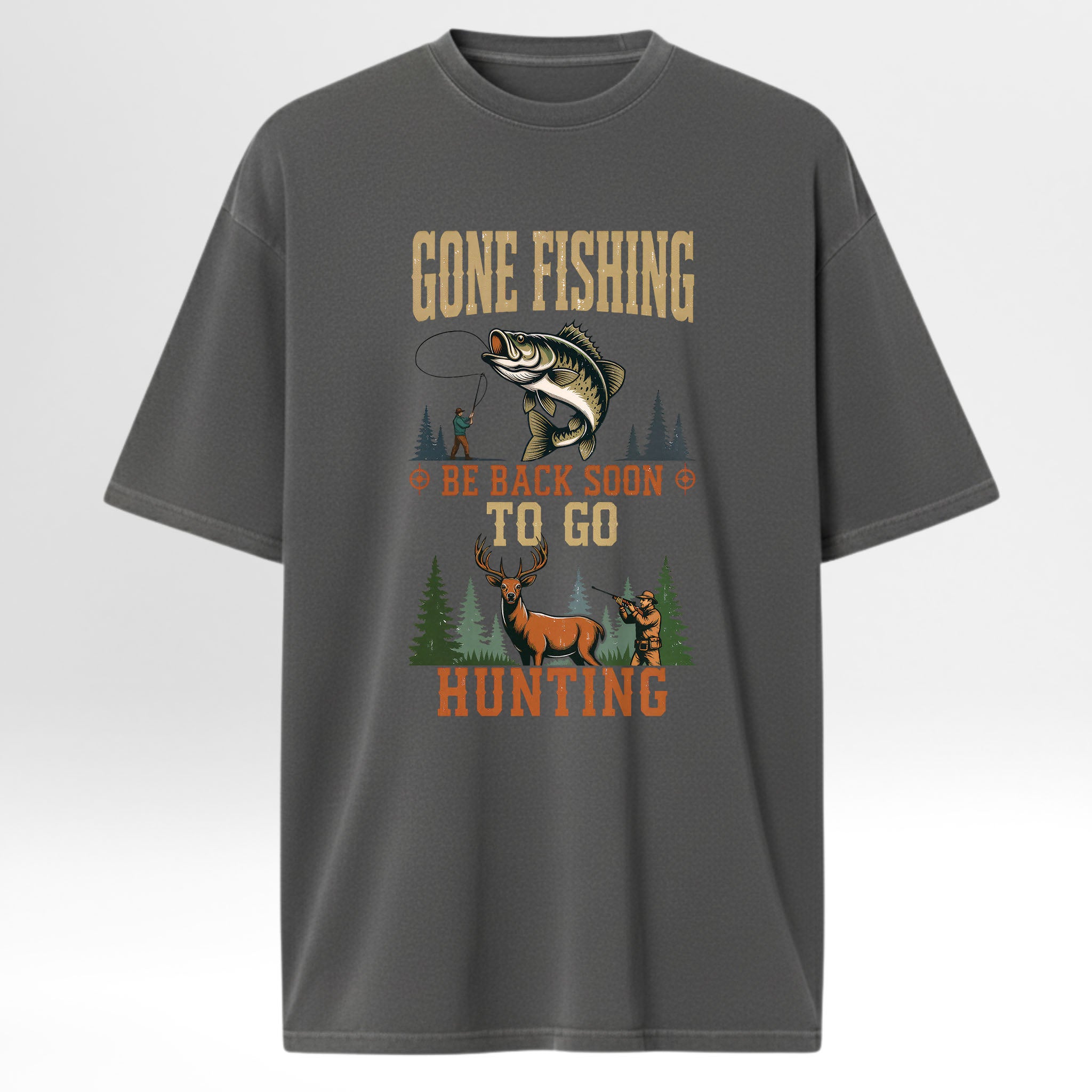 Gray hunting t-shirt with fishing and hunting graphic and text 'Gone Fishin' Be Back Soon To Go Hunting'