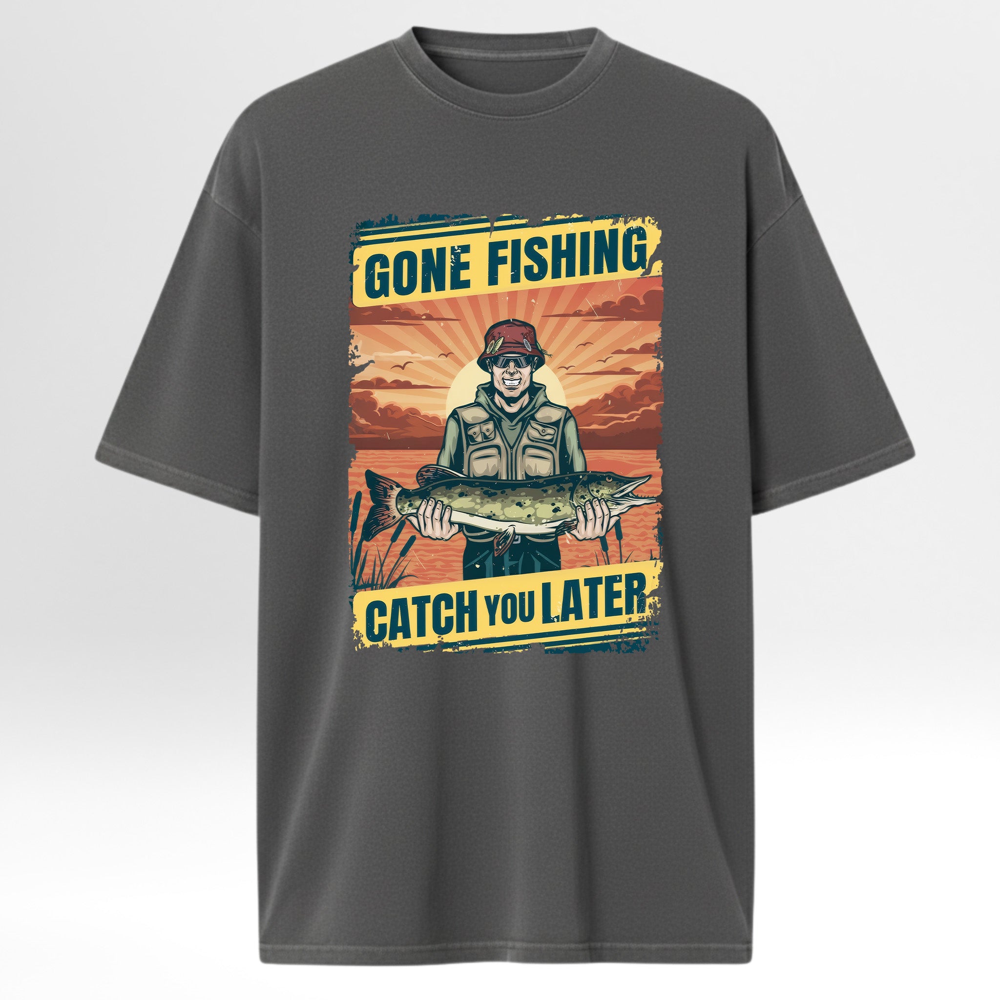 Gray hunting t-shirt with a fishing graphic and text 'Gone Fishing Catch You Later'