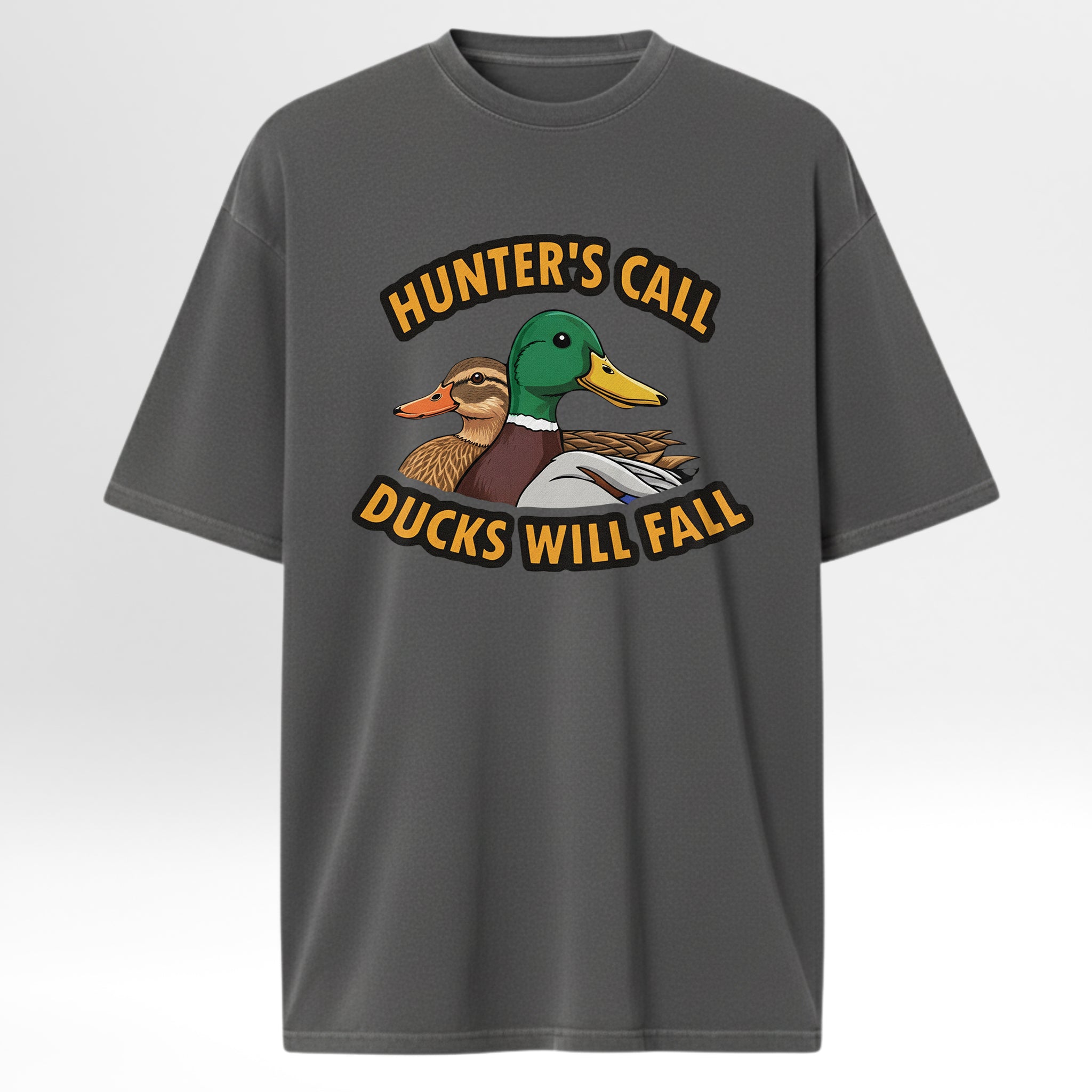 Gray hunting t-shirt with a duck graphic and text 'Hunter's Call Ducks Will Fall'