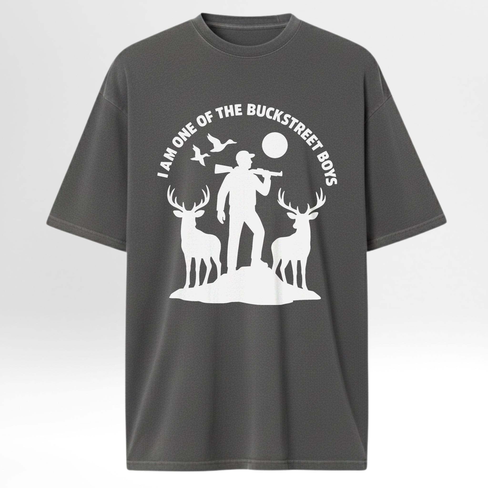 Gray t-shirt with white graphic design featuring a hunter and deer with text 'I Am One Of The Buckstreet Boys'