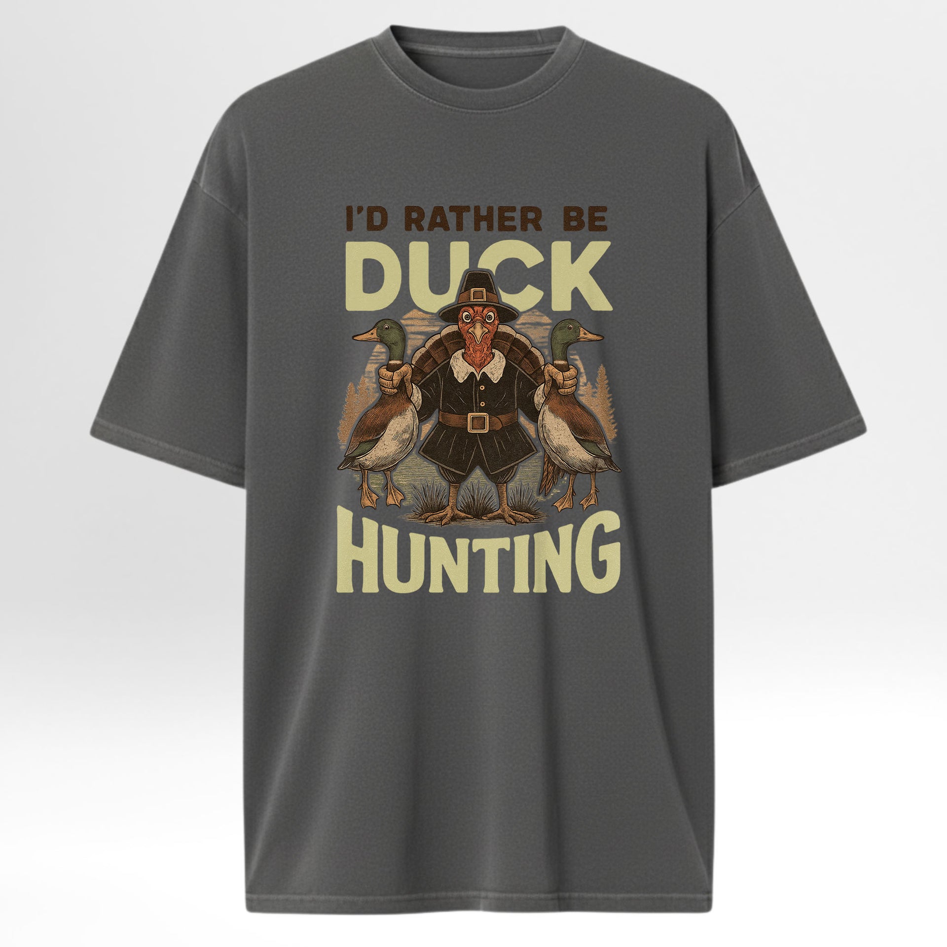 Gray hunting t-shirt with a graphic of  ducks with text 'I'd Rather Be Duck Hunting' 
