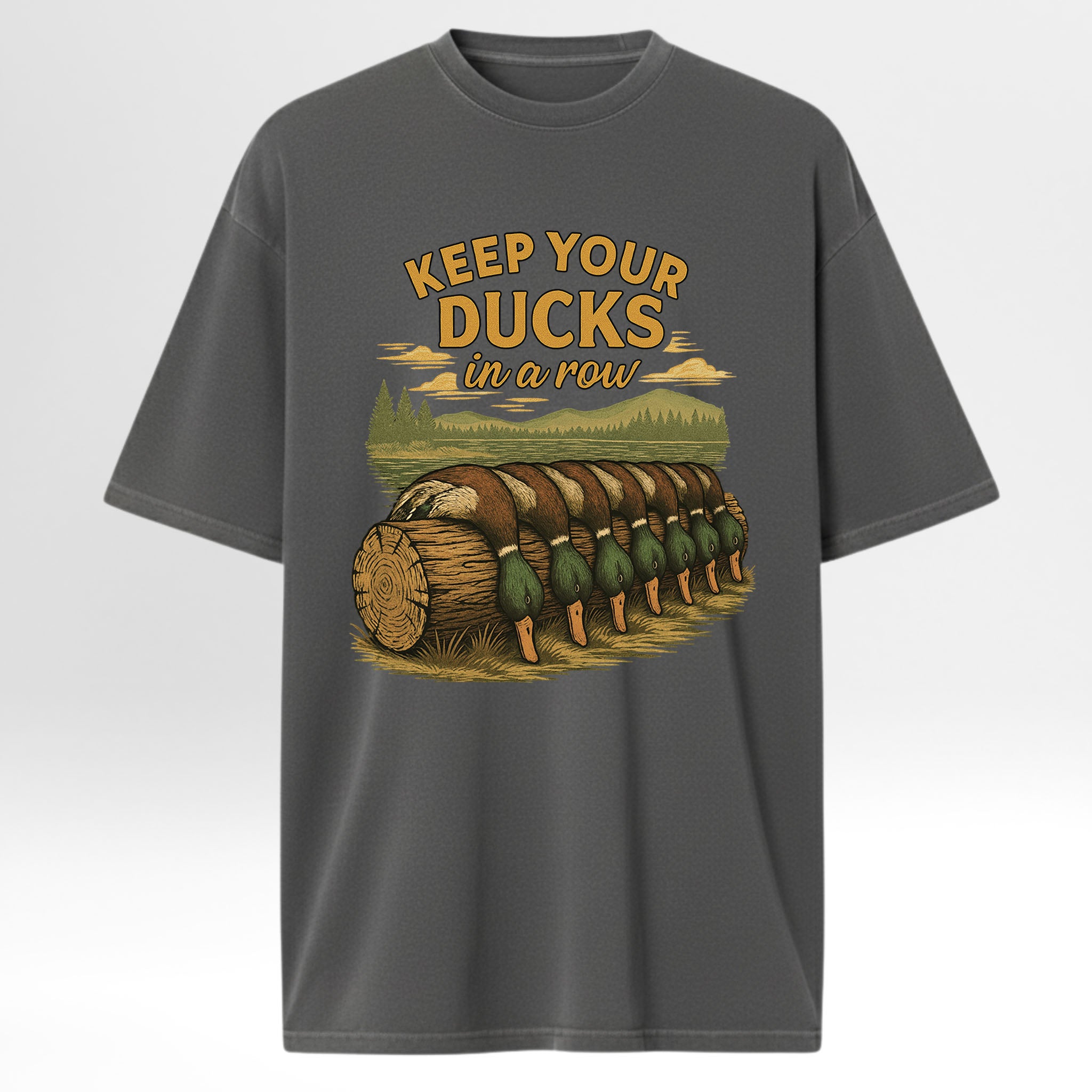 Gray hunting t-shirt with duck graphic and text 'Keep your ducks in a row' 