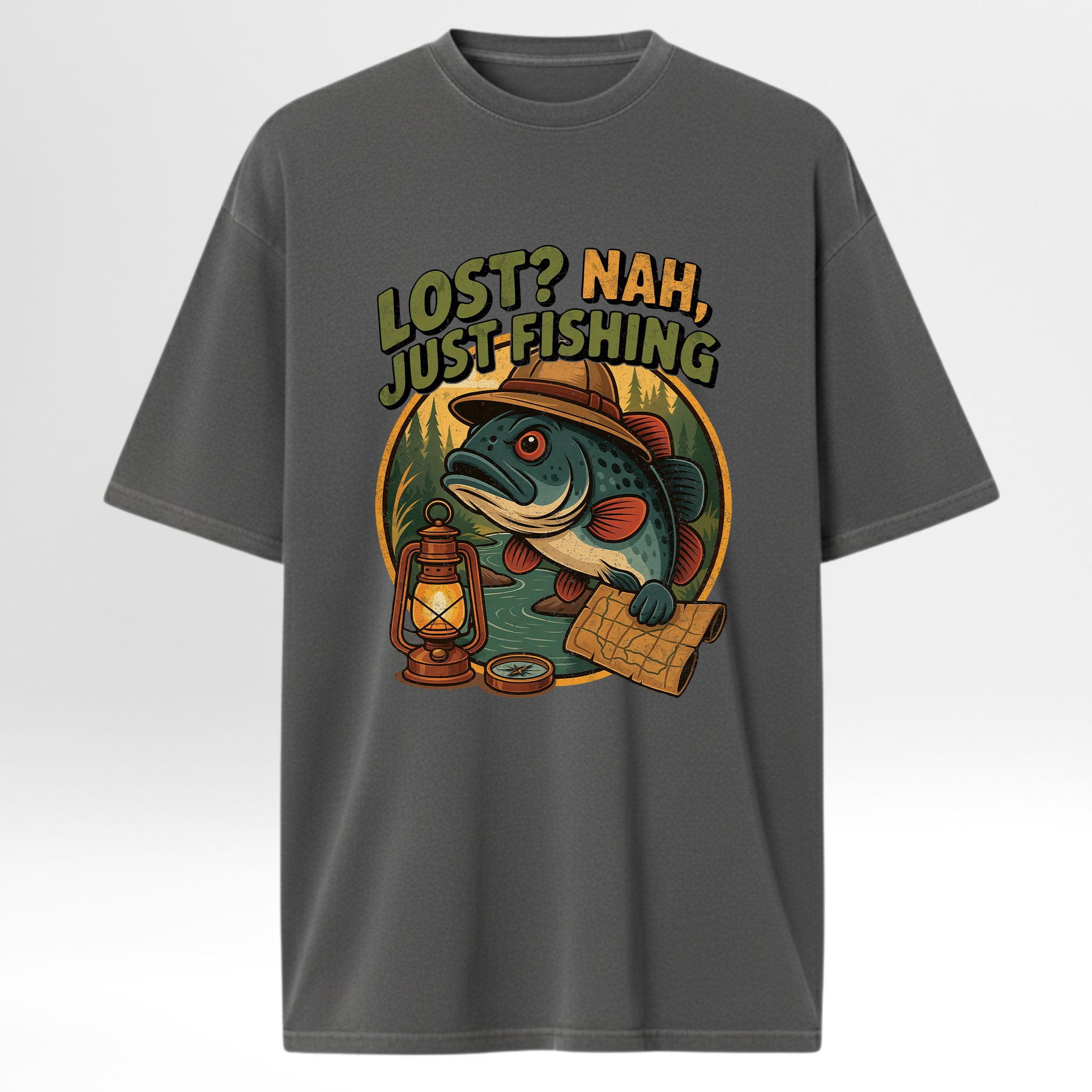 Gray fishing t-shirt with a fishing-themed graphic and text 'Lost? Nah, Just Fishing'