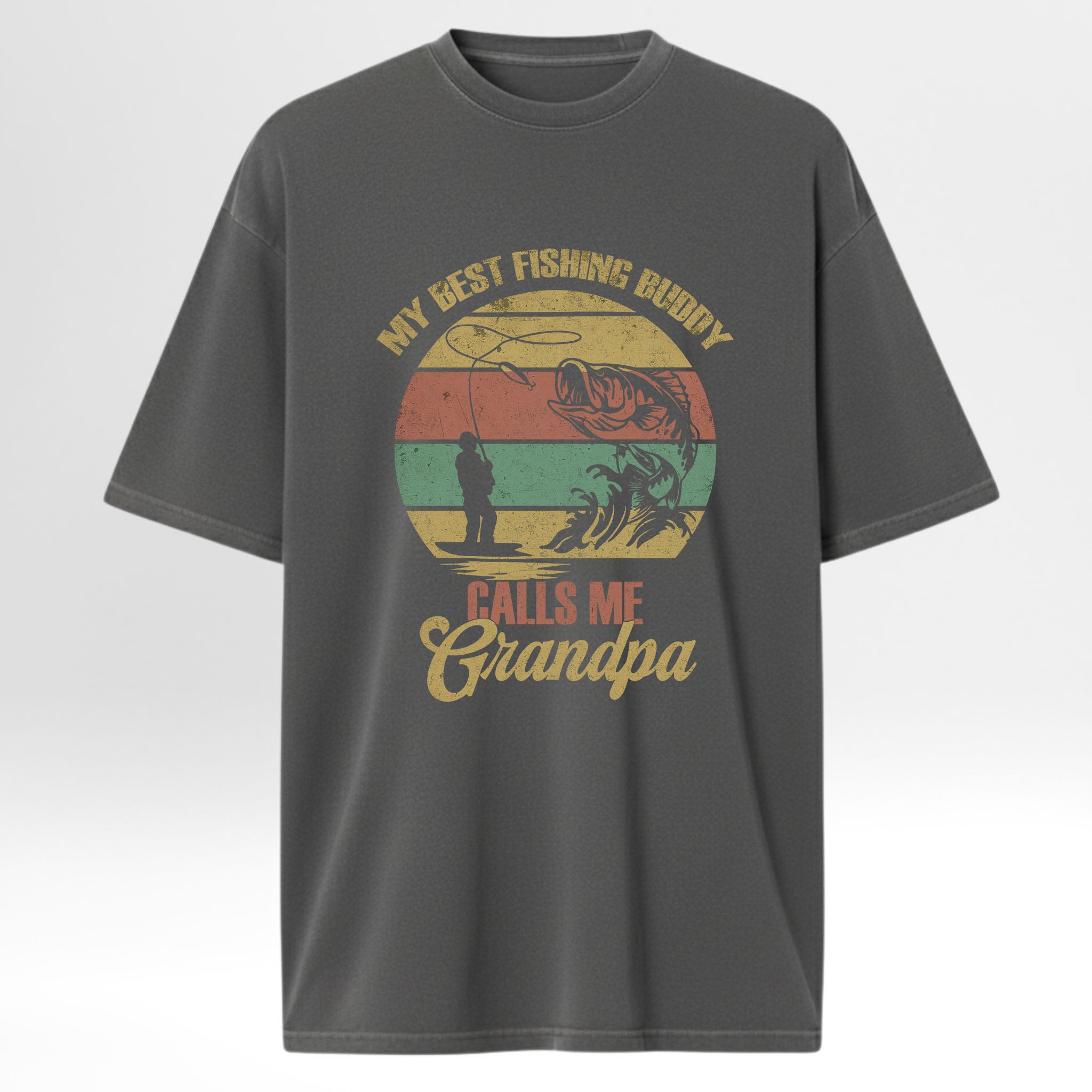 Gray fishing t-shirt with fishing graphic and text 'My Best Fishing Buddy Calls Me Grandpa'