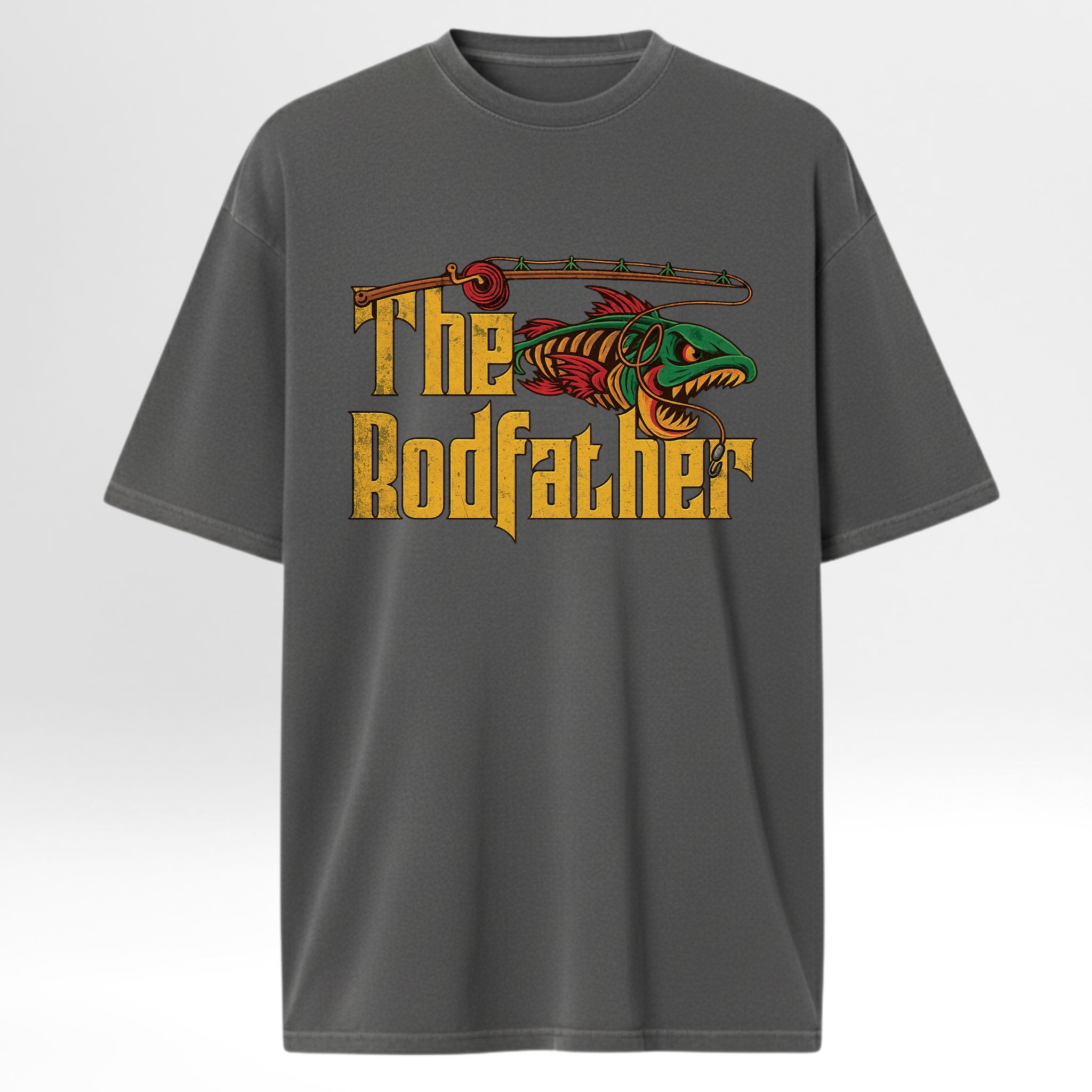 Gray fishing t-shirt with 'The Rodfather' text