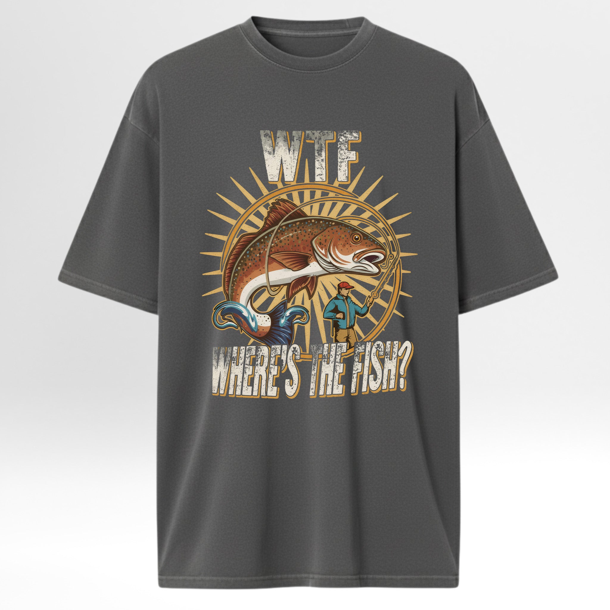 Gray fishing t-shirt with a graphic design of a fish and text 'WTF Where's The Fish'
