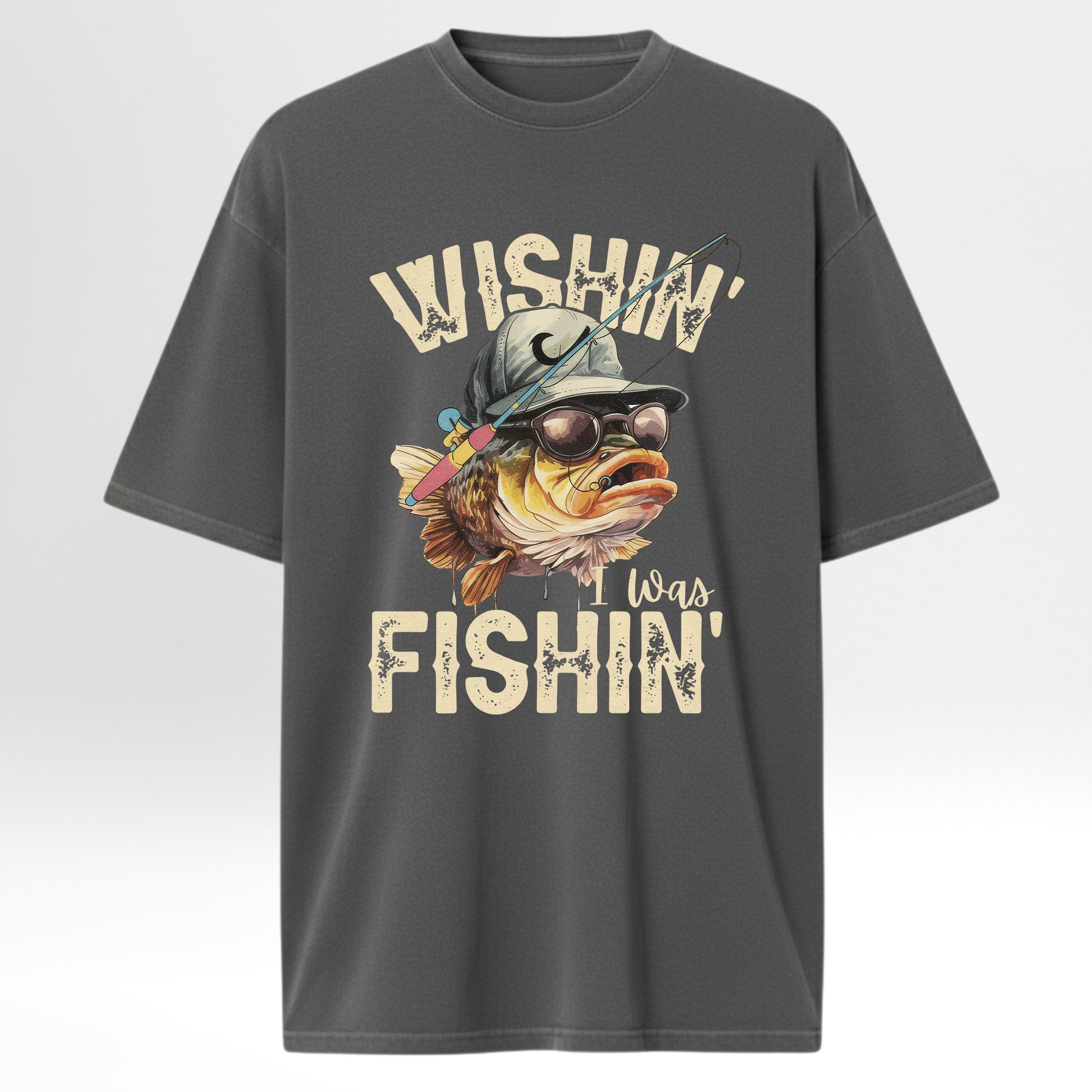 Gray fishing t-shirt with a fish graphic and text 'Wishin' I Was Fishin'