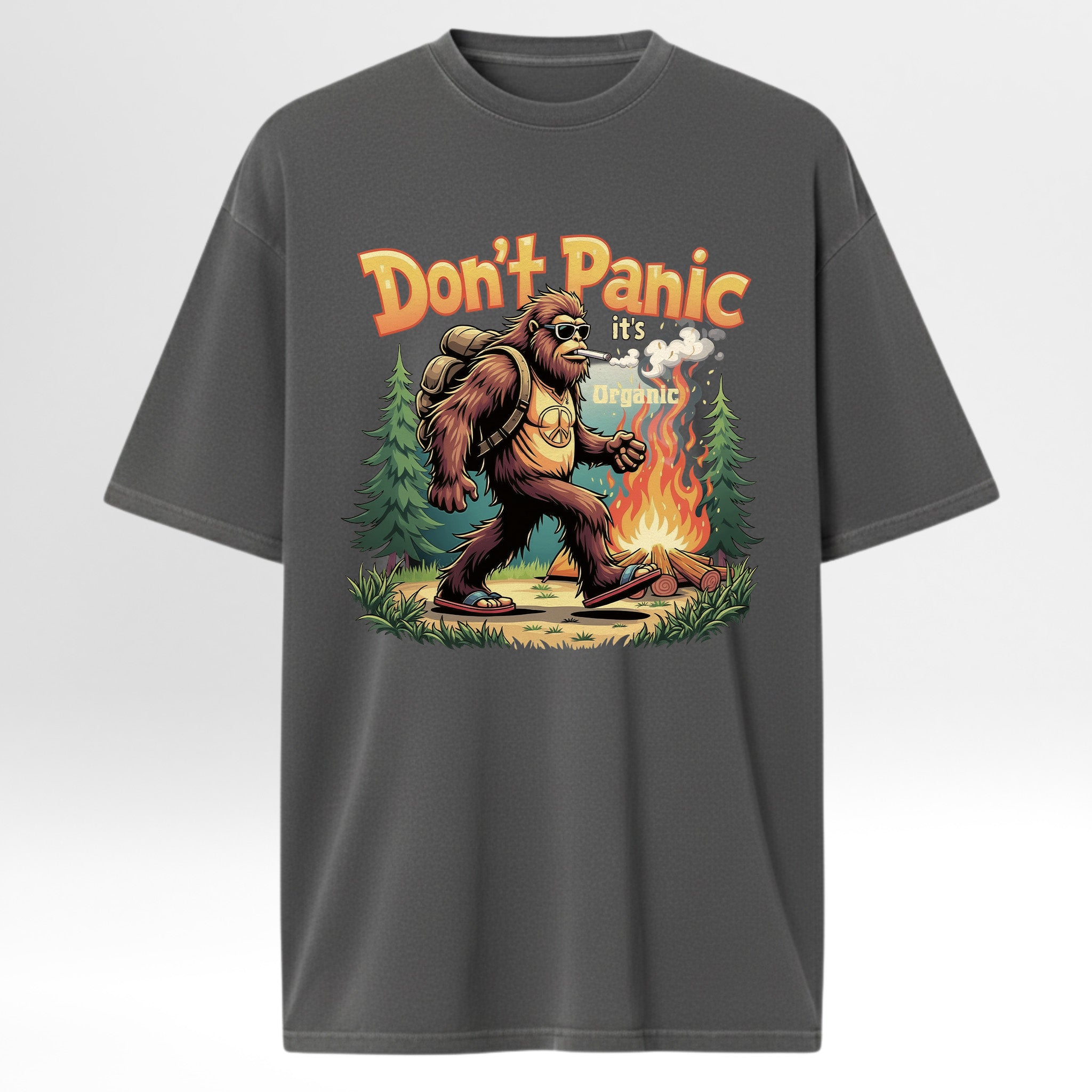 Gray t-shirt with a graphic of a Ape by a campfire and 'Don't Panic it's organic' text 