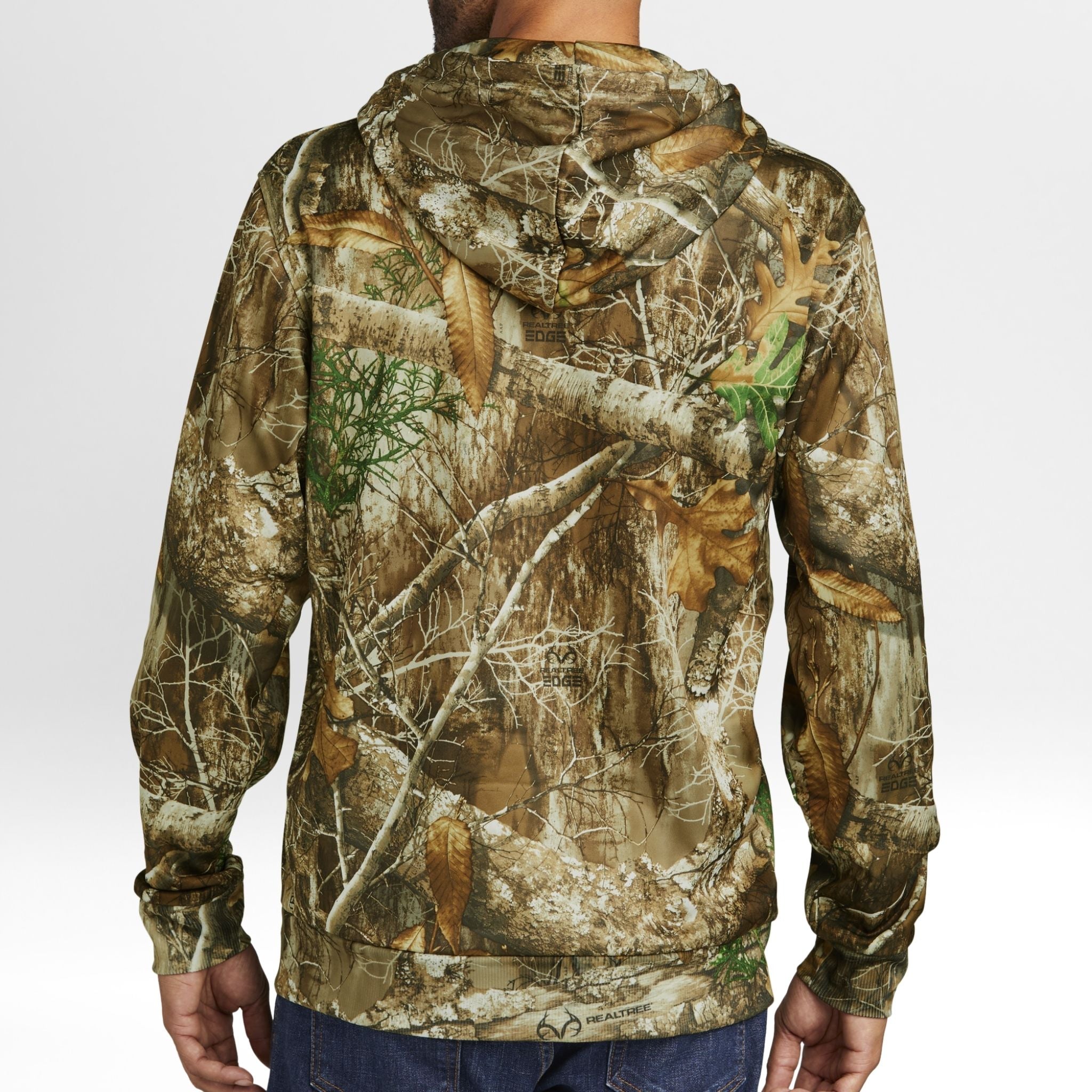 Camouflage hoodie with a natural Realtree Edge pattern on a white background