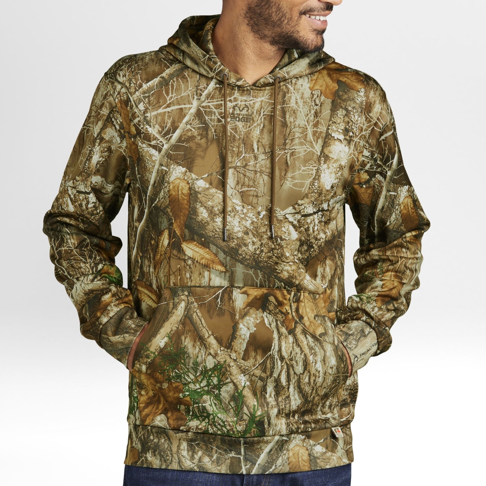 Realtree Edge Camouflage hoodie worn by a person on a white background