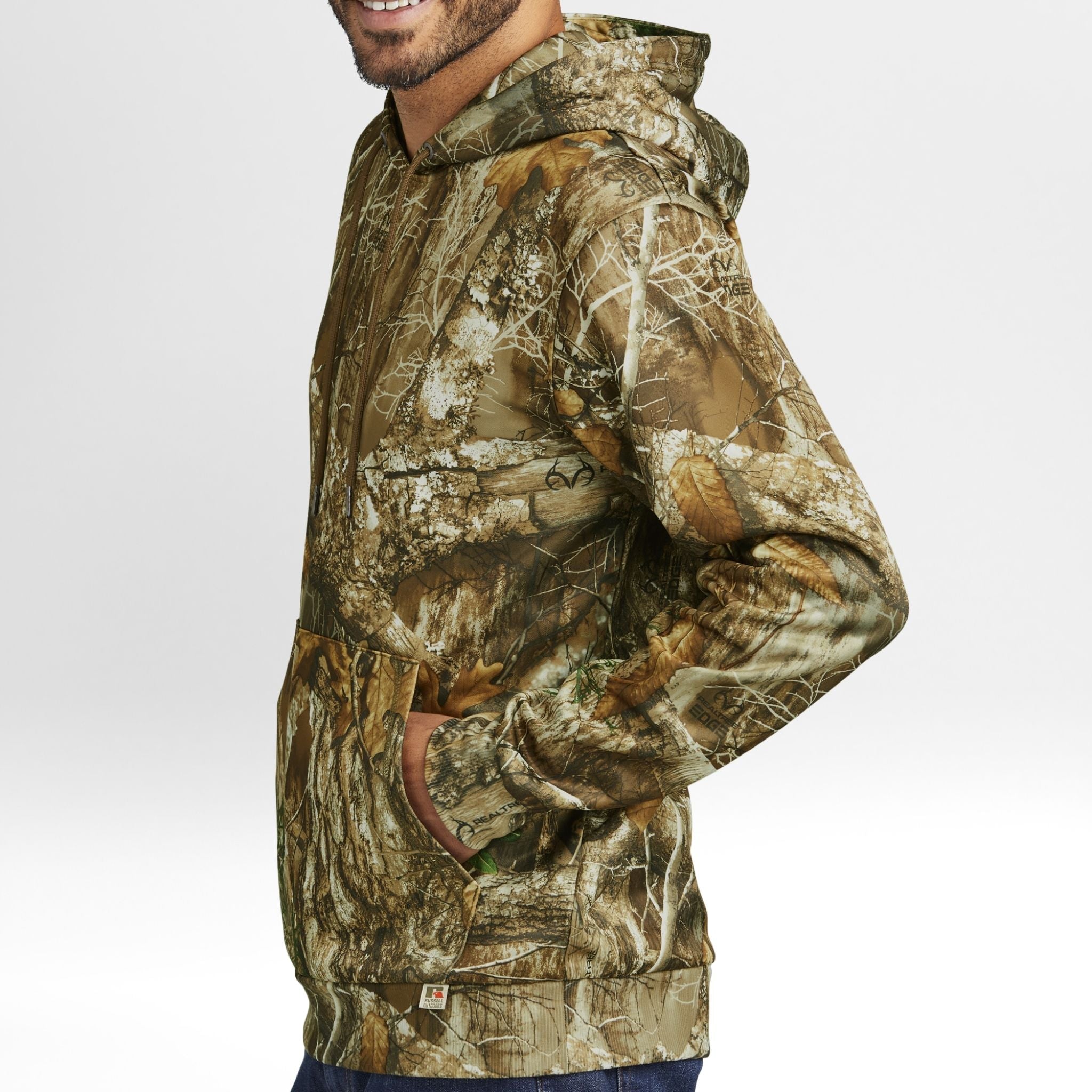 Realtree Edge Camouflage hoodie worn by a person on a white background