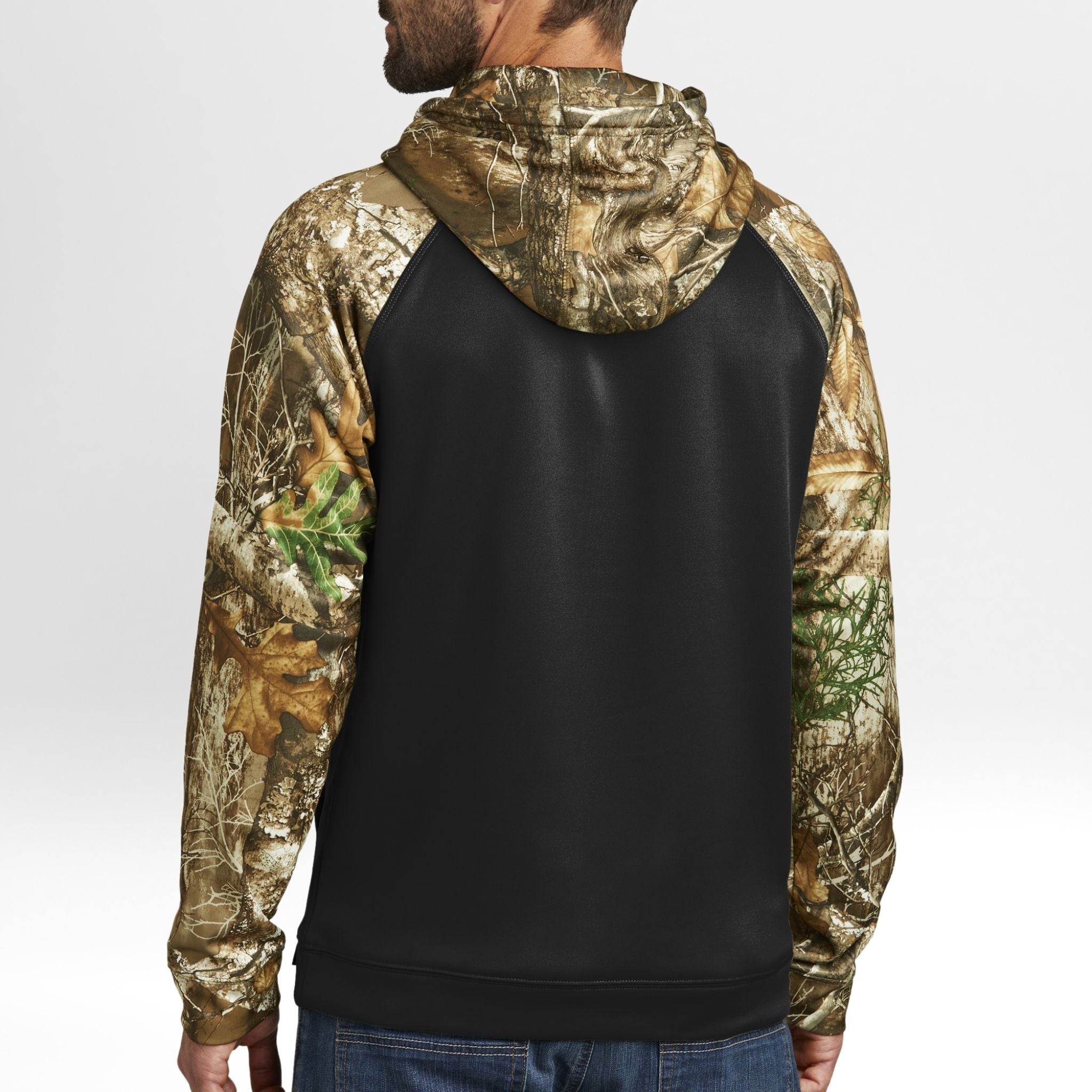 Realtree Edge Camouflage hoodie with black back on a white background