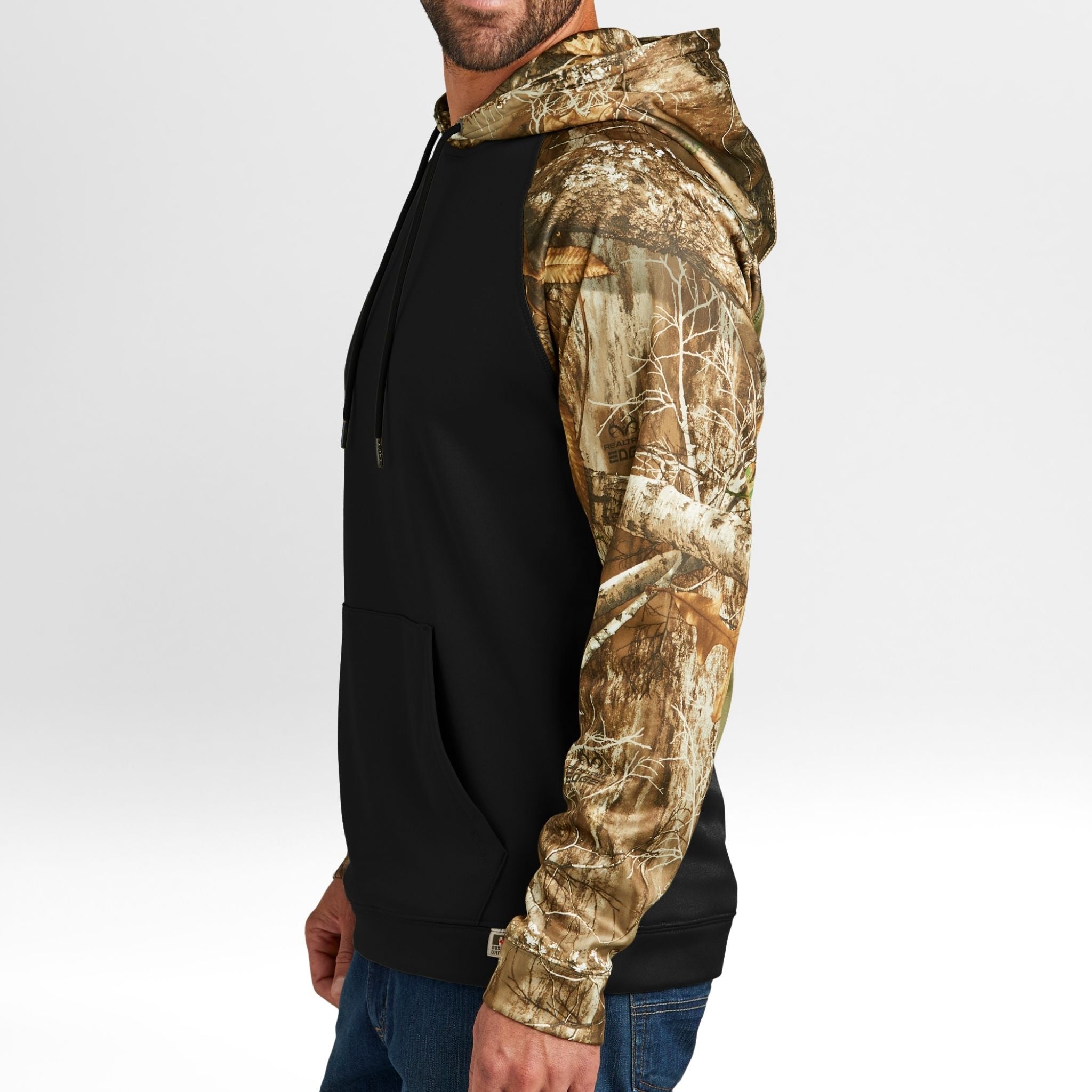 Black hoodie with Realtree Edge camouflage sleeves worn by a person on a white background