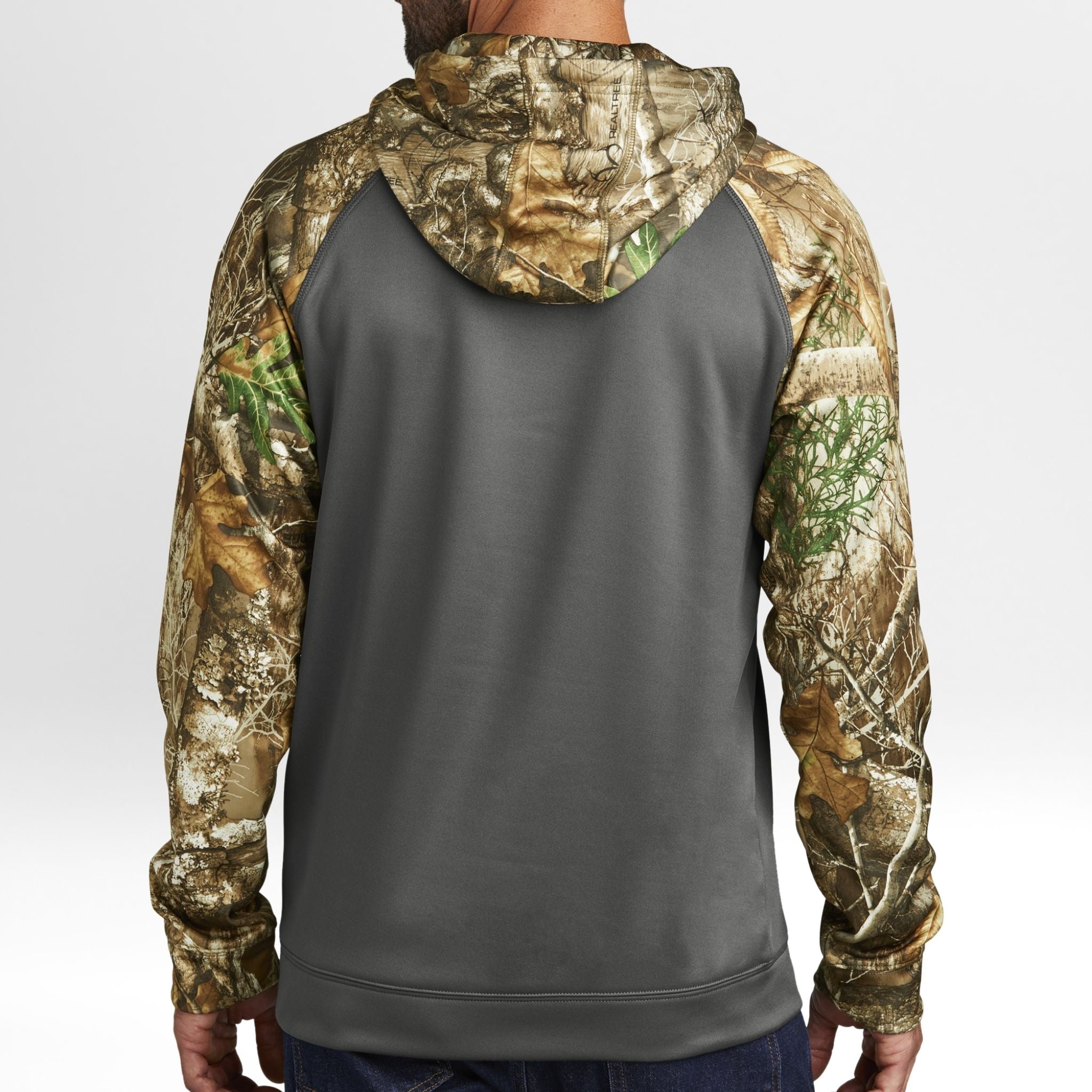 Gray hoodie with Realtree Edge camouflage sleeves on a white background