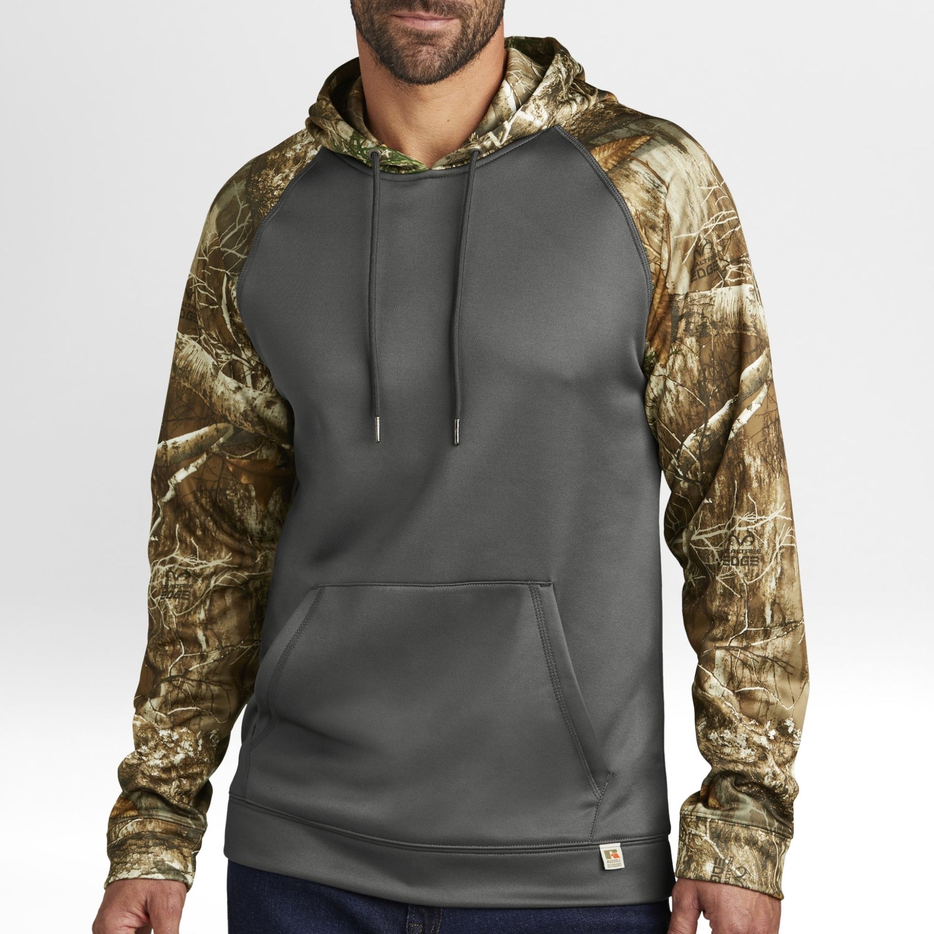 Gray hoodie with Realtree Edge camouflage sleeves worn by a person on a white background