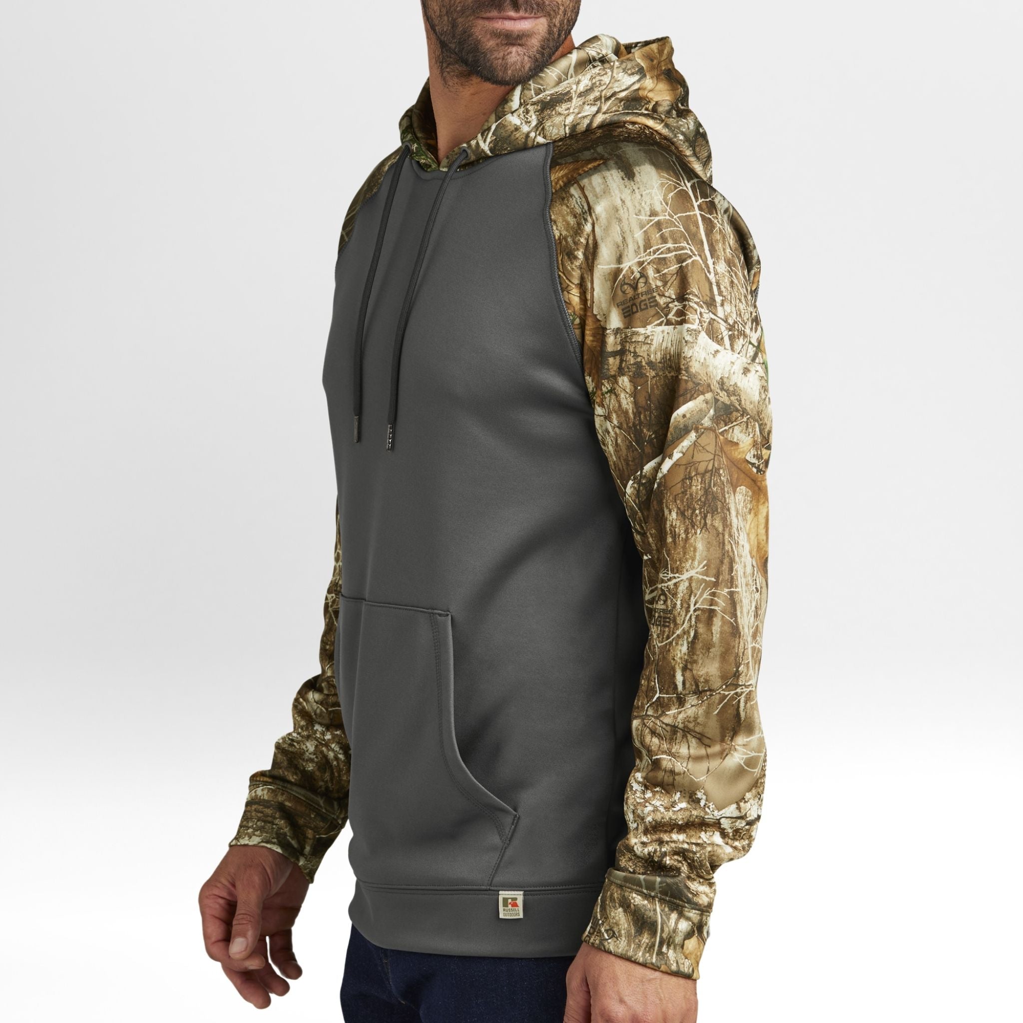 Realtree Edge Camouflage hoodie with gray front panel on a white background