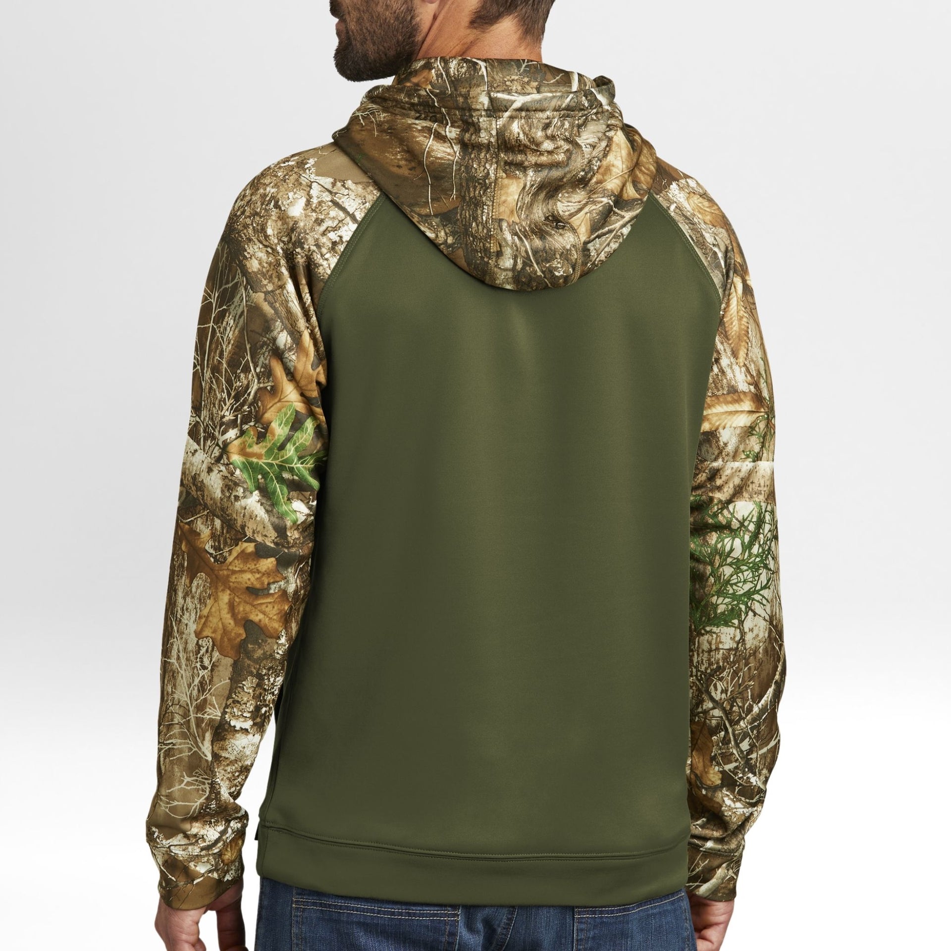 Green and Realtree Edge camouflage hoodie on a white background