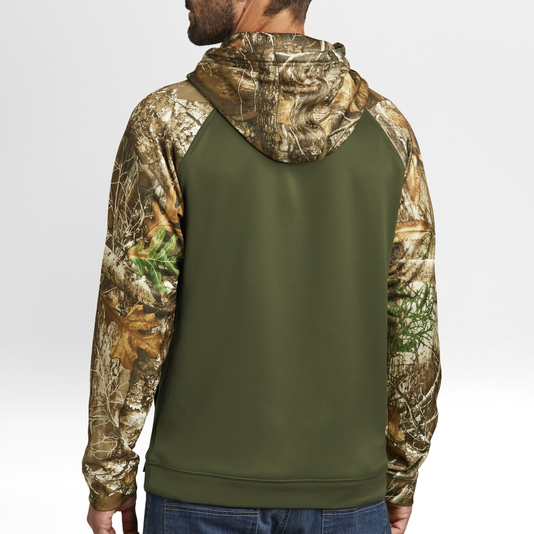 Green and Realtree Edge camouflage hoodie on a white background