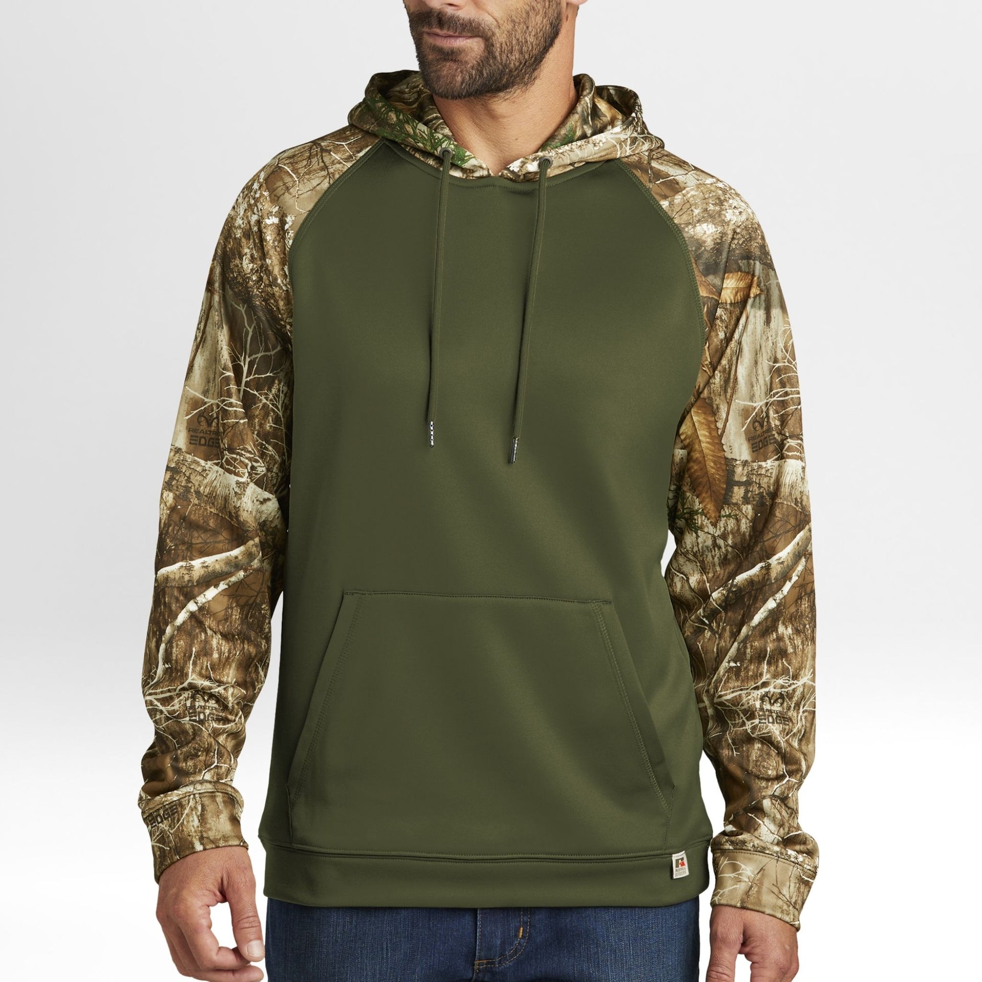 Green and Realtree Edge camouflage hoodie worn by a person on a white background