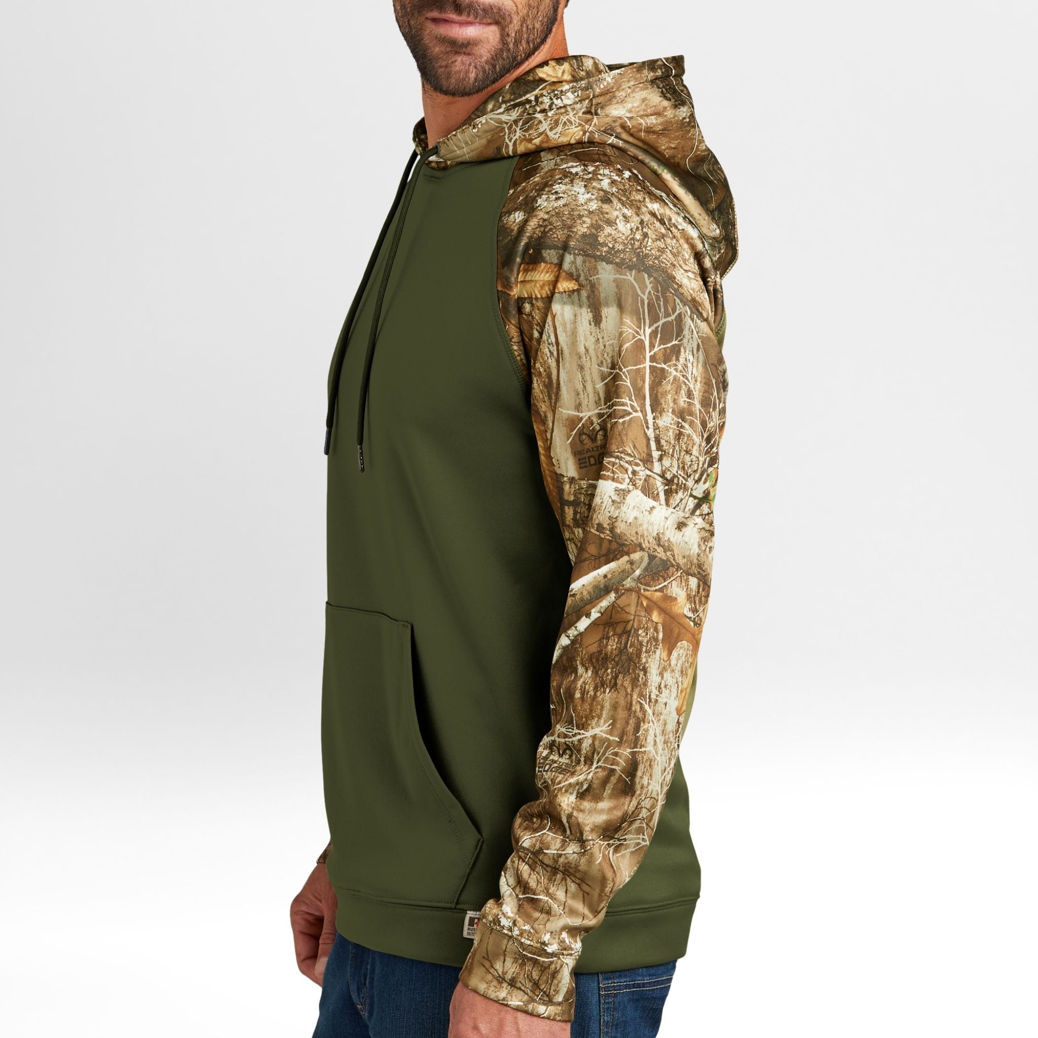 Green and Realtree Edge camouflage hoodie worn by a person on a white background
