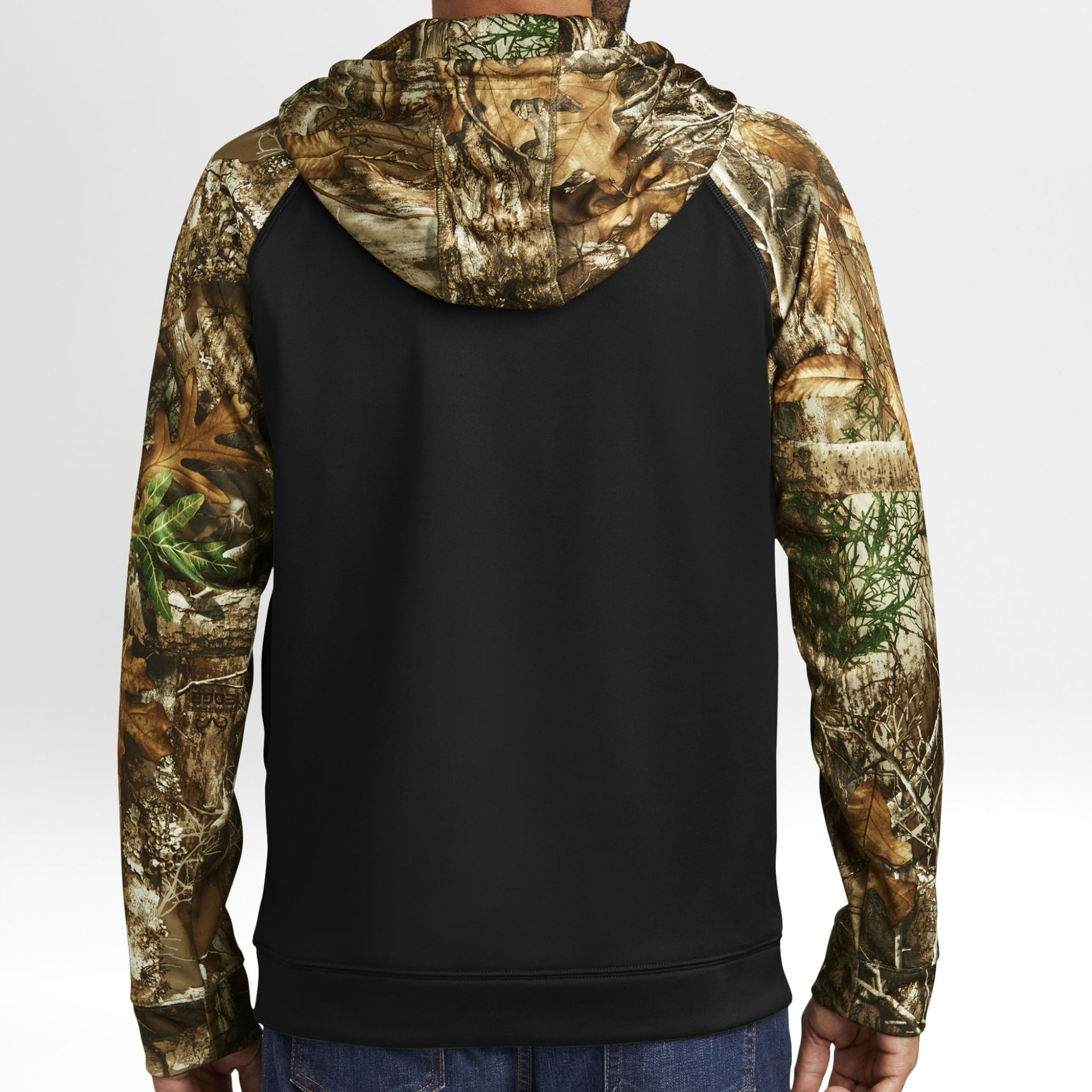 Black hoodie with Realtree Edge camouflage sleeves on a white background