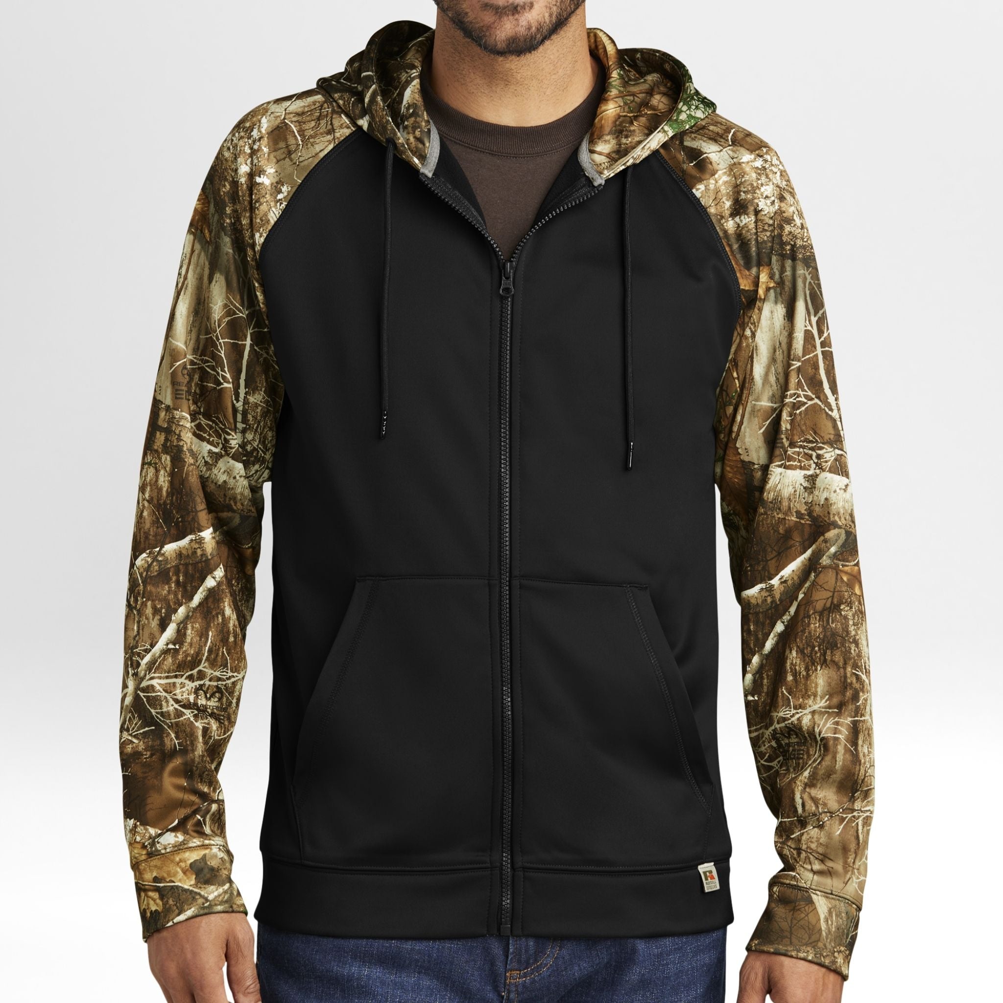 Black hoodie with Realtree Edge camouflage sleeves on a white background