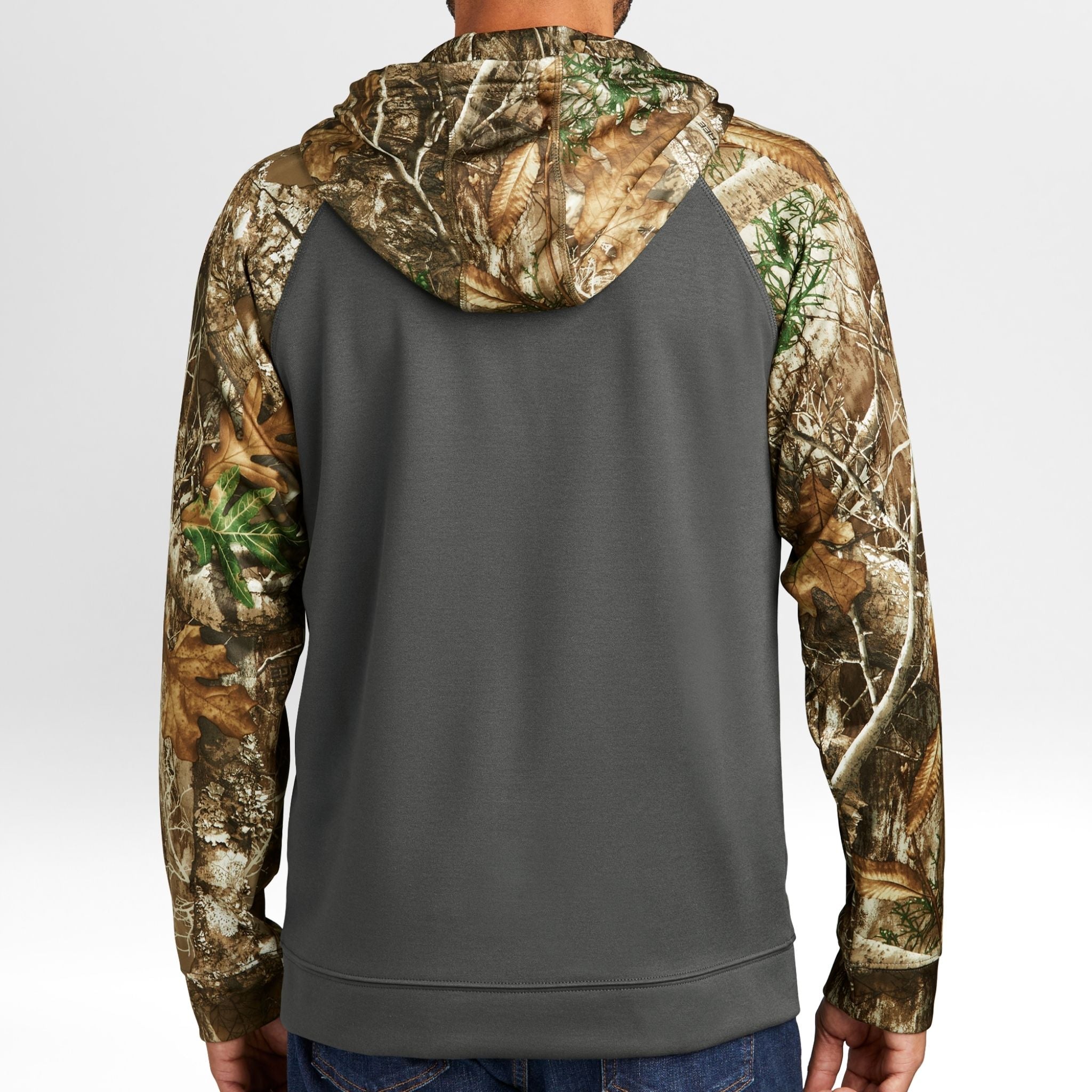 Gray hoodie with Realtree Edge camouflage sleeves on a white background