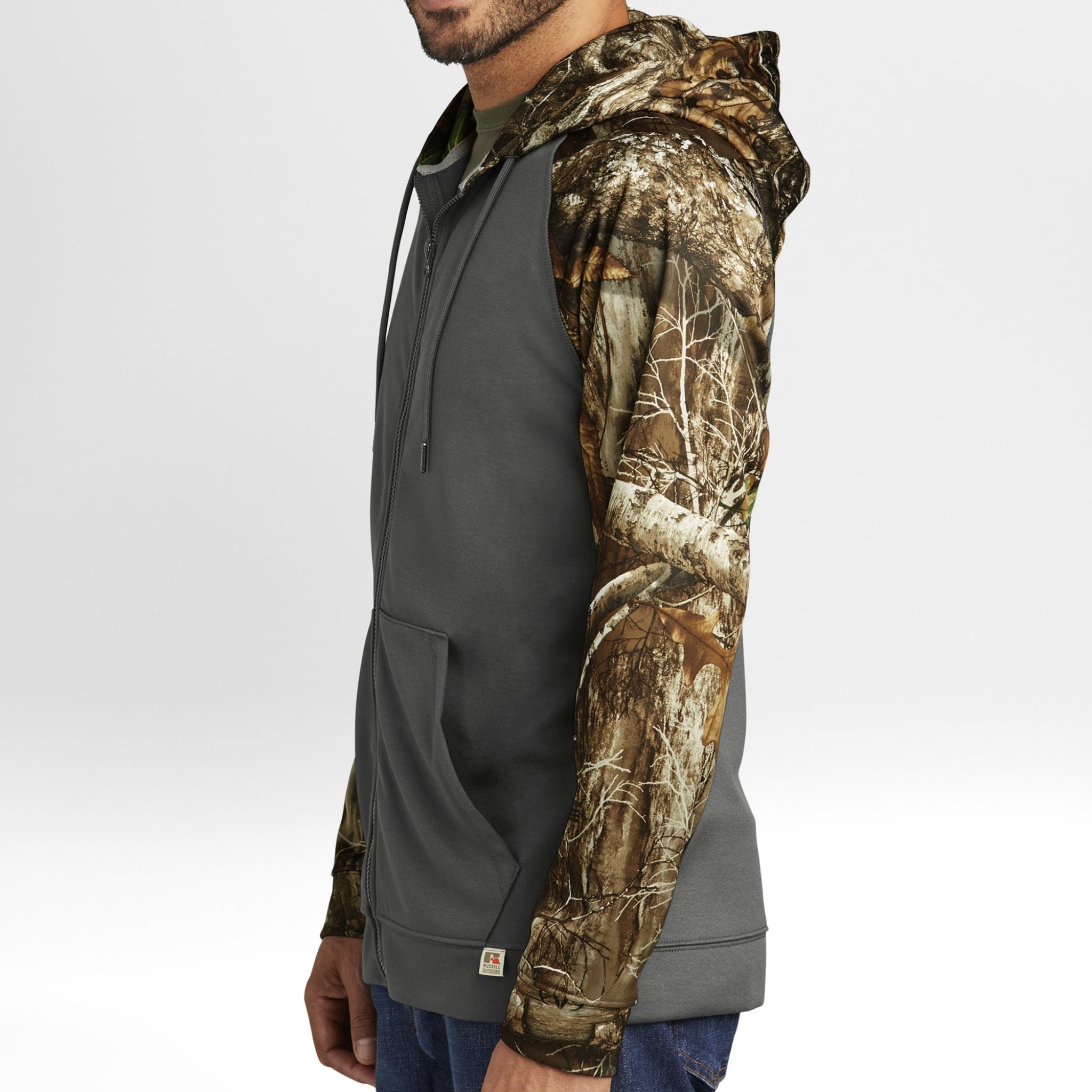 Realtree Edge Camouflage hoodie with gray sleeves on a white background