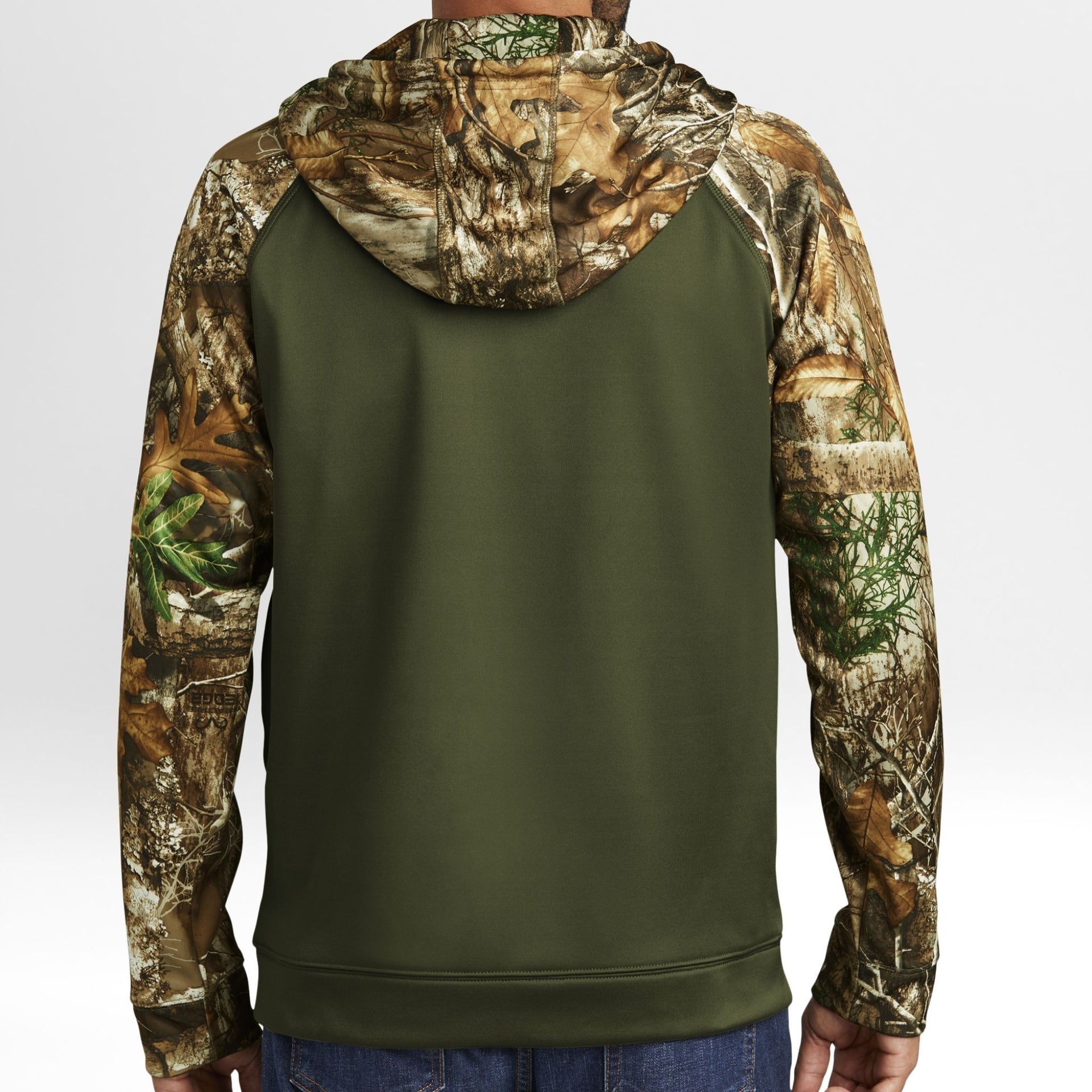 Green hoodie with Realtree Edge camouflage sleeves on a white background