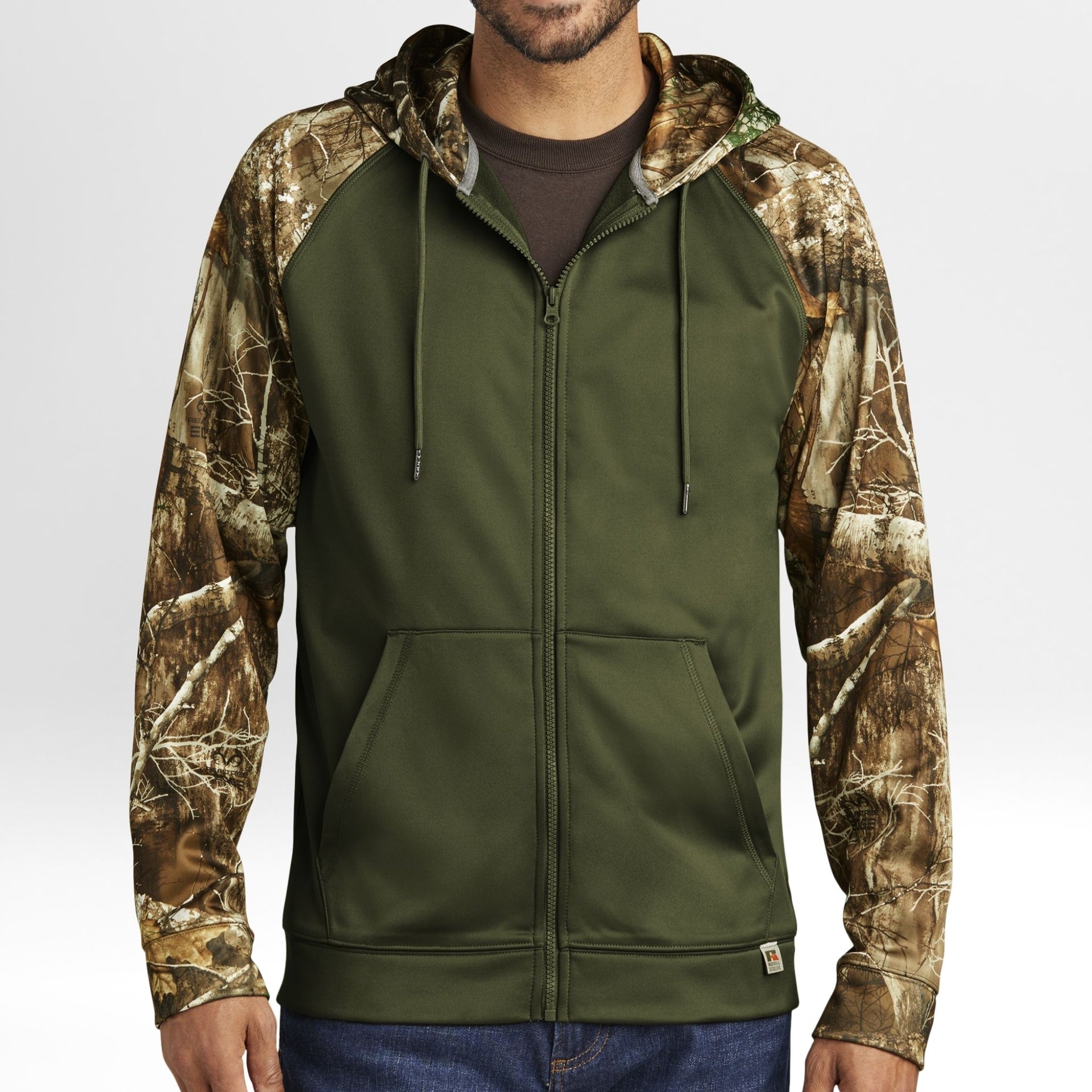 Green and Realtree Edge camouflage hoodie worn by a person on a white background