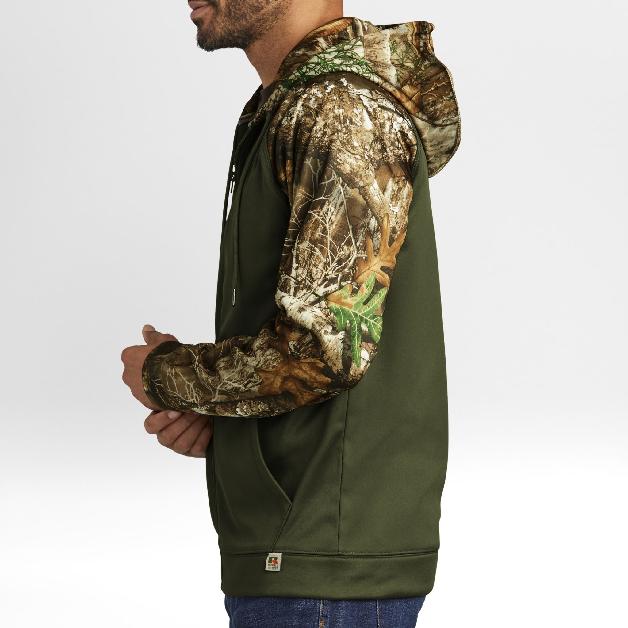 Green Realtree Edge camouflage hoodie worn by a person on a white background