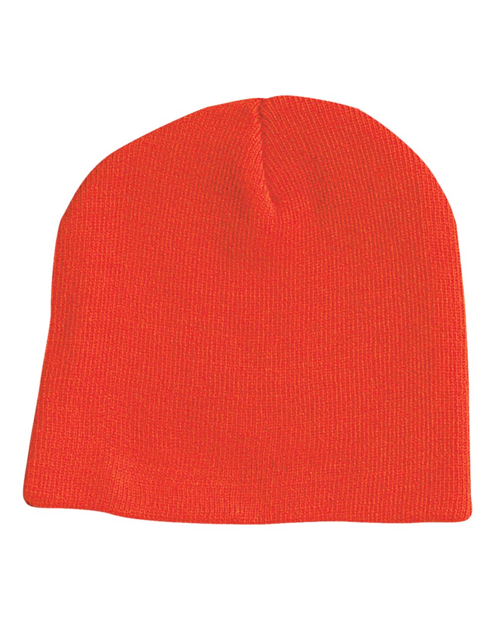 Blaze orange knit beanie on a white background.