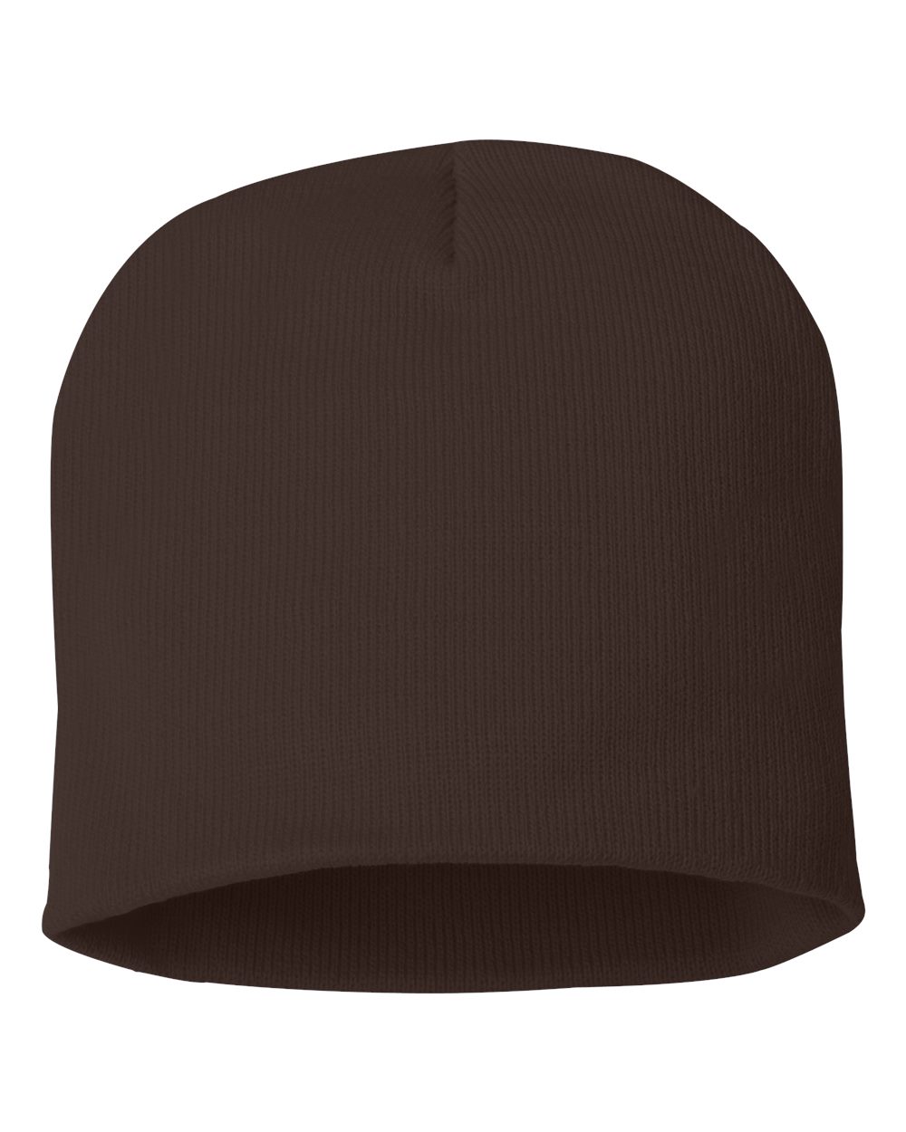 Brown knit beanie on a white background.