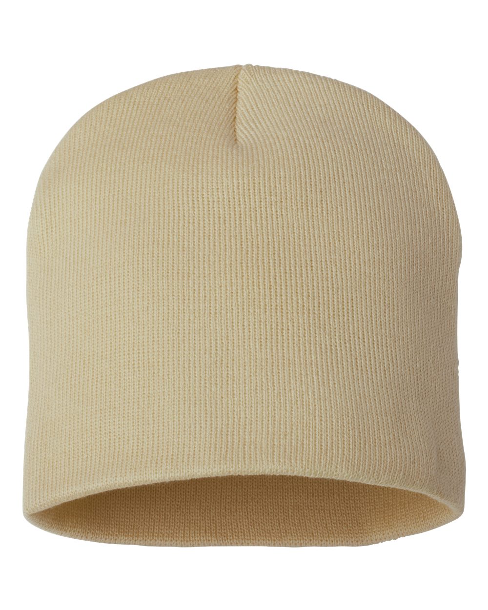 Camel-colored rib-knit beanie on a white background.