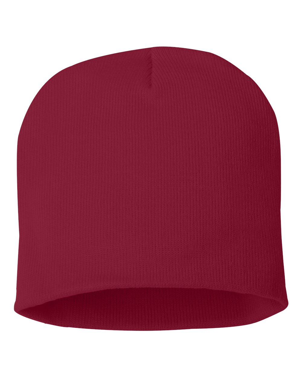 Cardinal red rib-knit beanie on a white background.