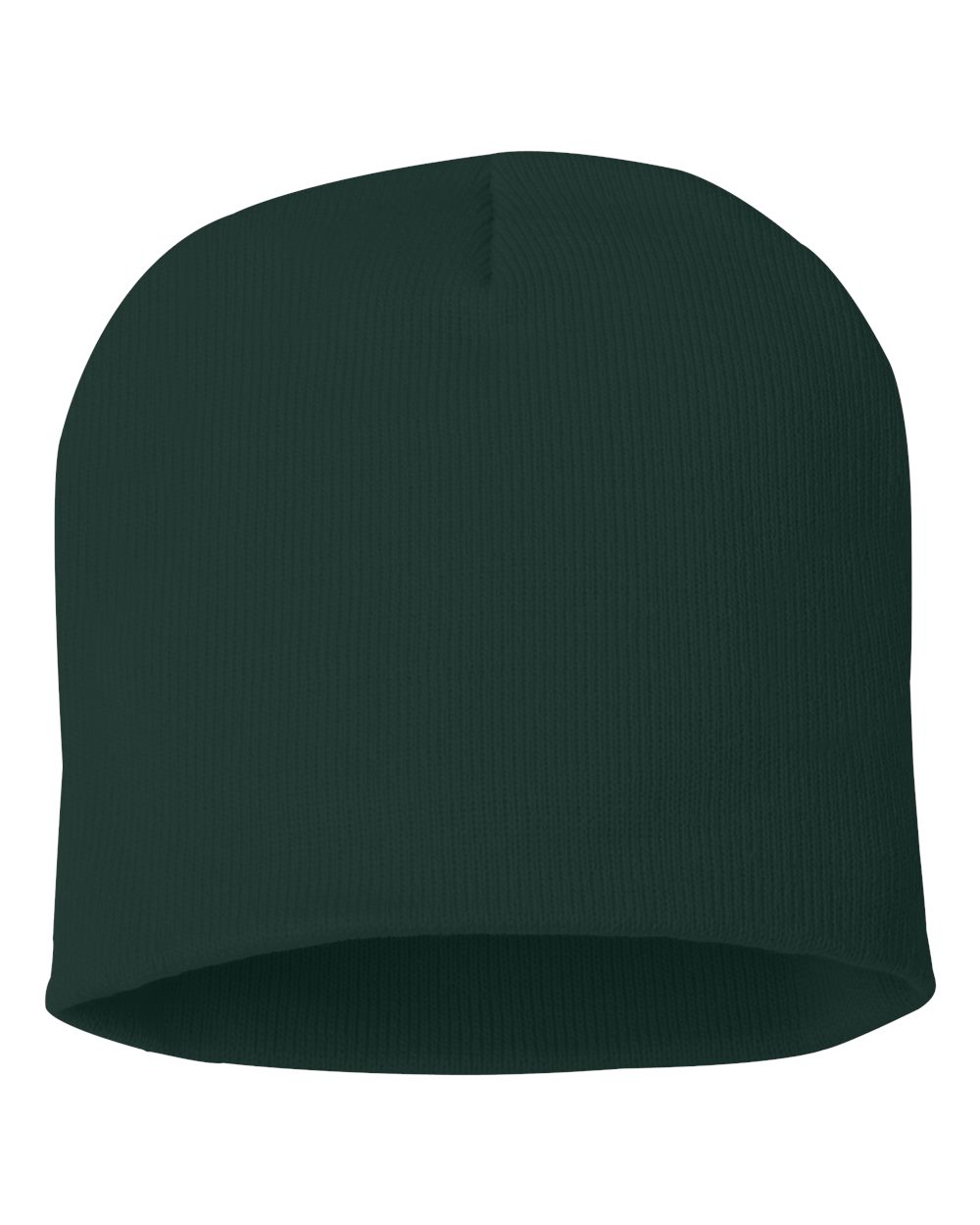 Forest green rib-knit beanie on a white background.